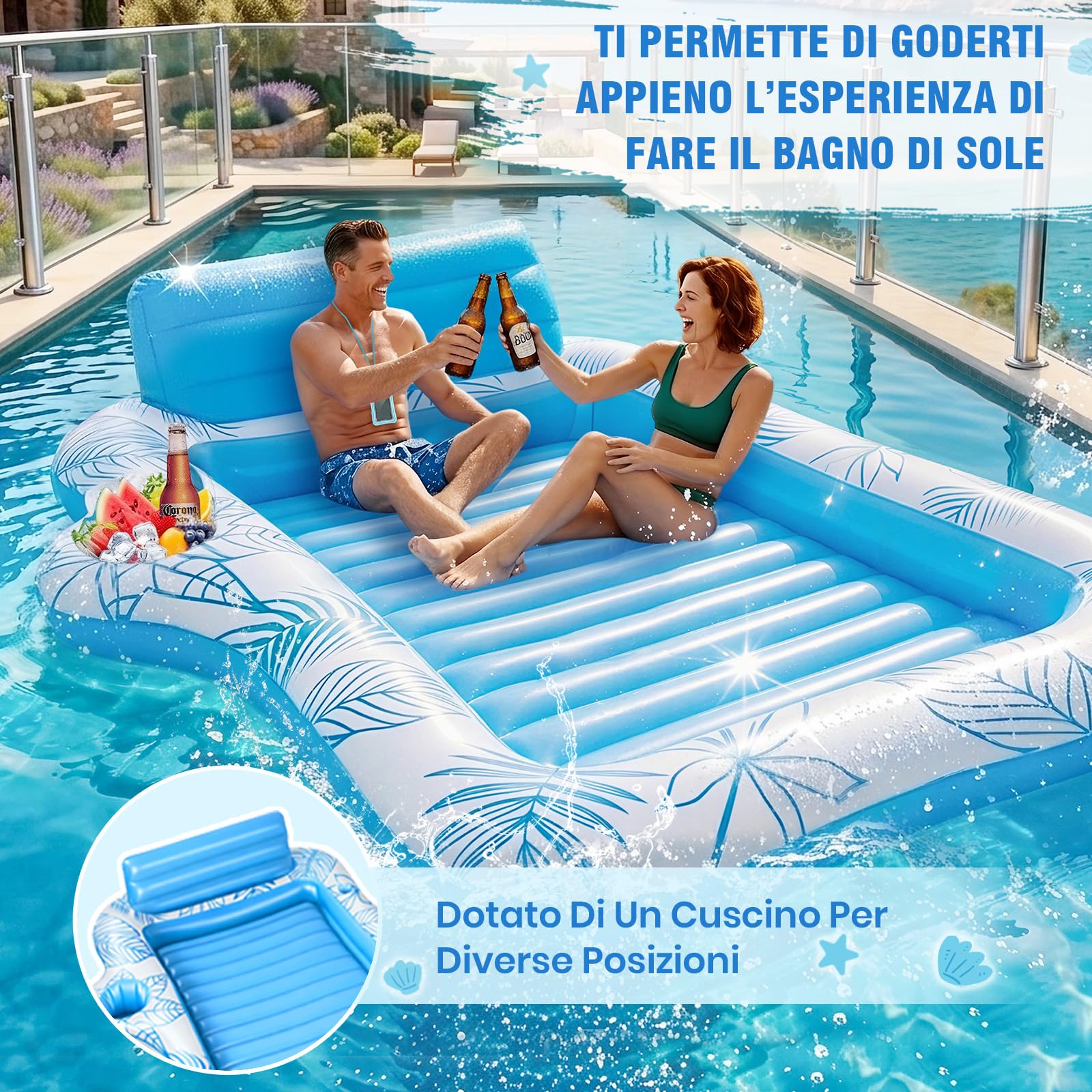 Charmofun Materassino Gonfiabile Abbronzante, 230 * 180 cm Materassino Gonfiabile Piscina con Custodia Impermeabile e Bar del Ghiaccio, Lettino Abbronzante Zattera Piscina per Spiaggia Festa