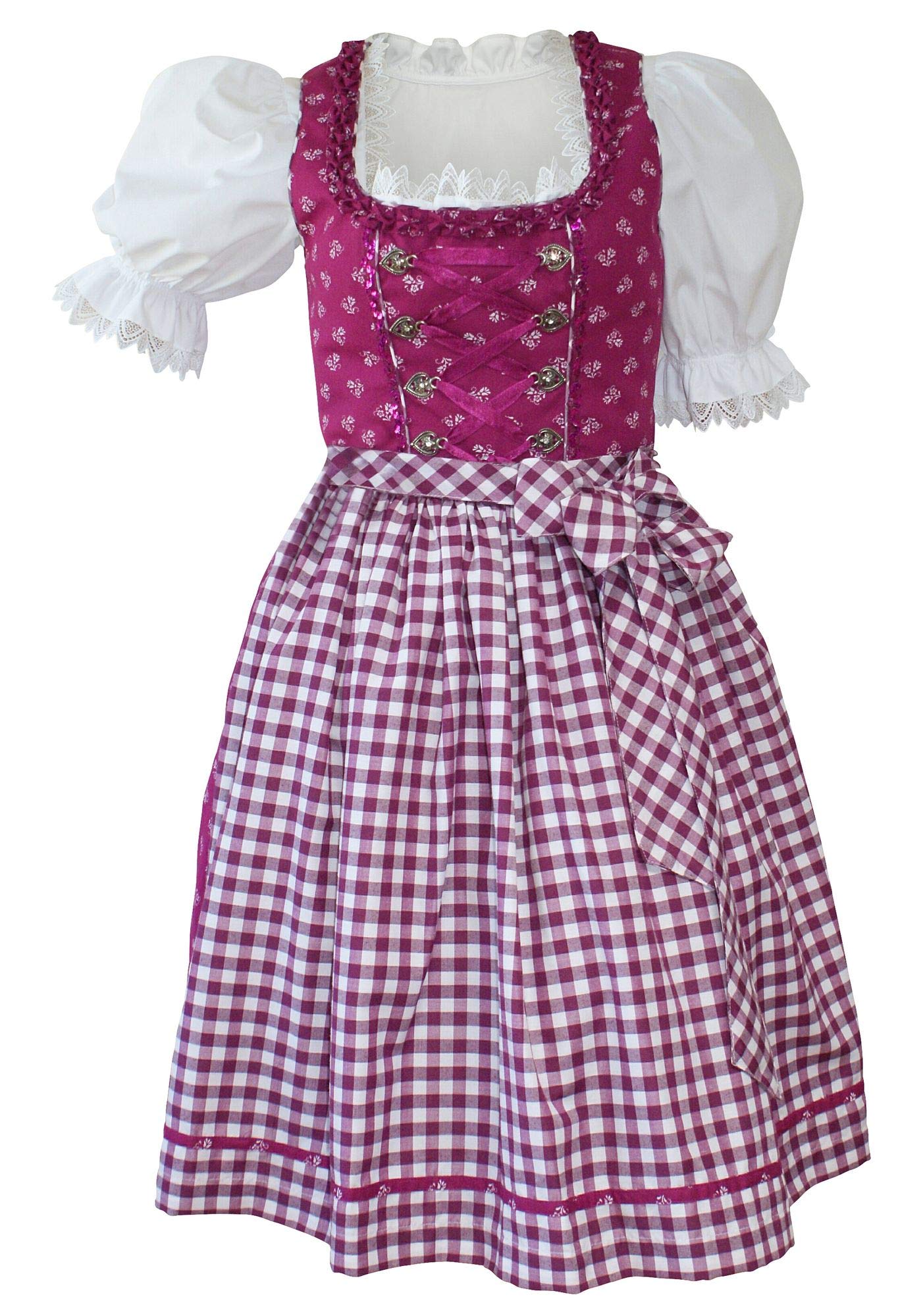 Hammerschmid Dirndl Kleid Trachtenkleid Balkonett Dirndlkleid Baumwolle Spitzen Brust-Schnürung Baumwolldirndl pink Fuchsia waschbar Streublumen mit Karo-Schürze pflegeleicht