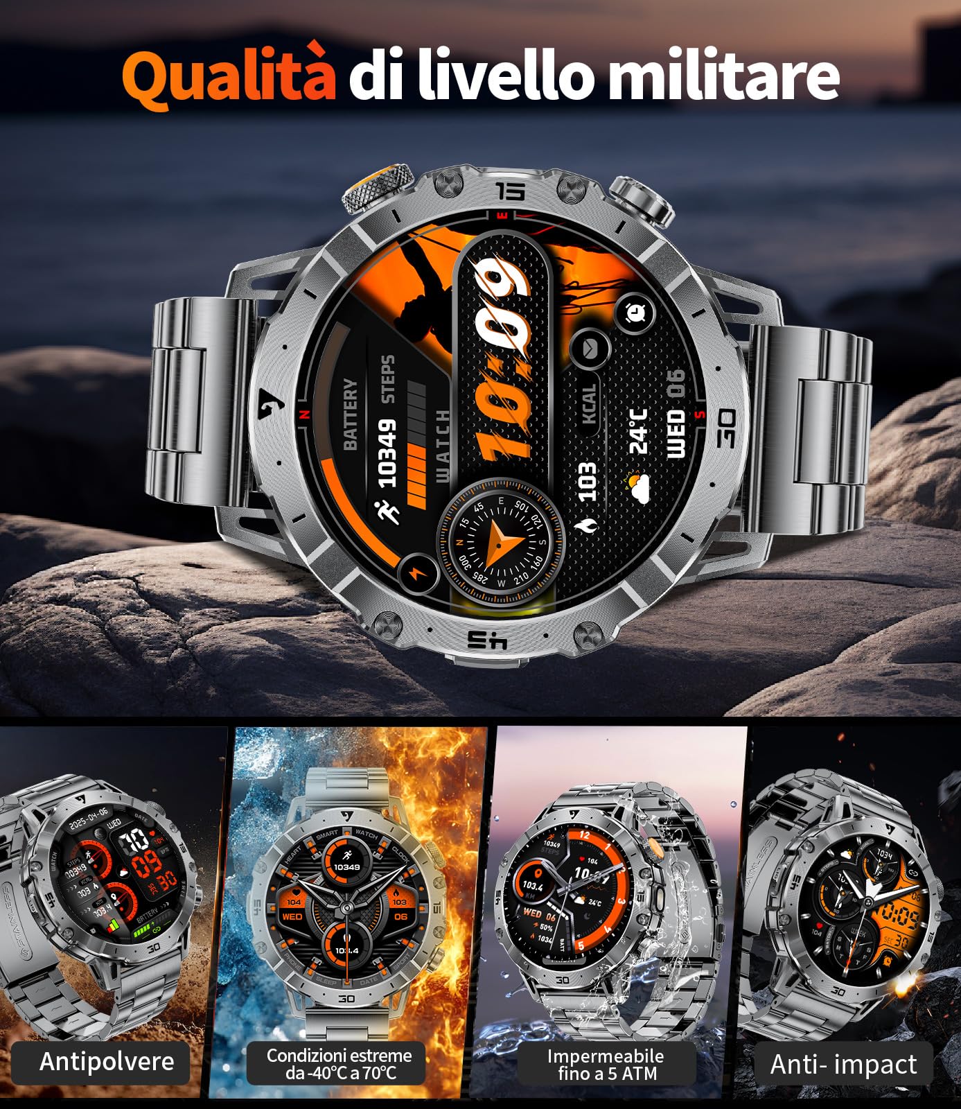 Smartwatch Uomo 1,85'' Display HD, Torcia LED, Batteria 1000mAh, 100+ Modalità Sport, IP68 Impermeabile, Cardiofrequenzimetro e Monitor Sonno, Bluetooth Android iOS, Nero
