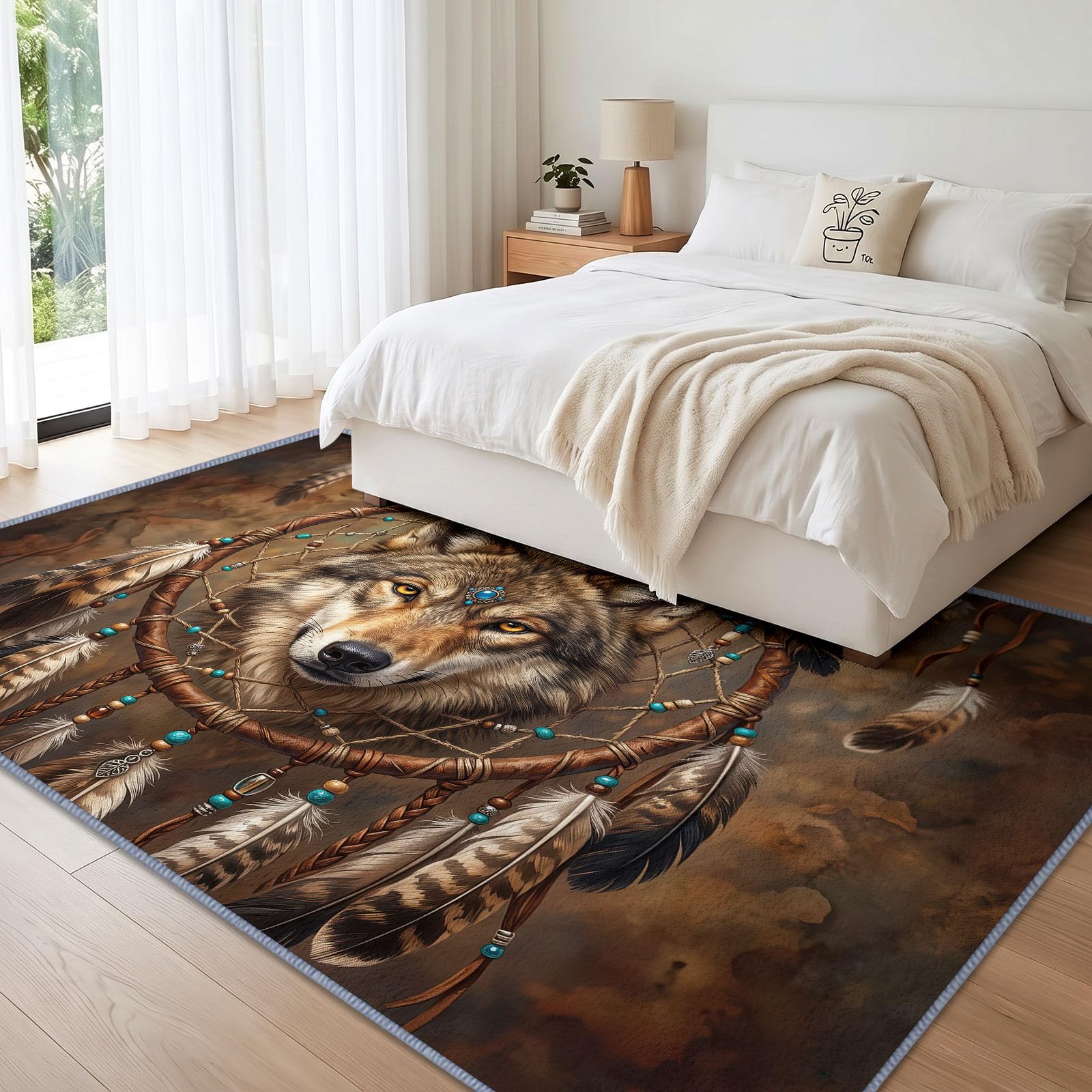 Łapacz snów dywan do salonu 140 x 200 cm, można prać w pralce antypoślizgowy duży pokój chłopcy wystrój rdzennych Amerykanów wilk, miękki dywan z krótkim włosiem do biura, sypialni, jadalni