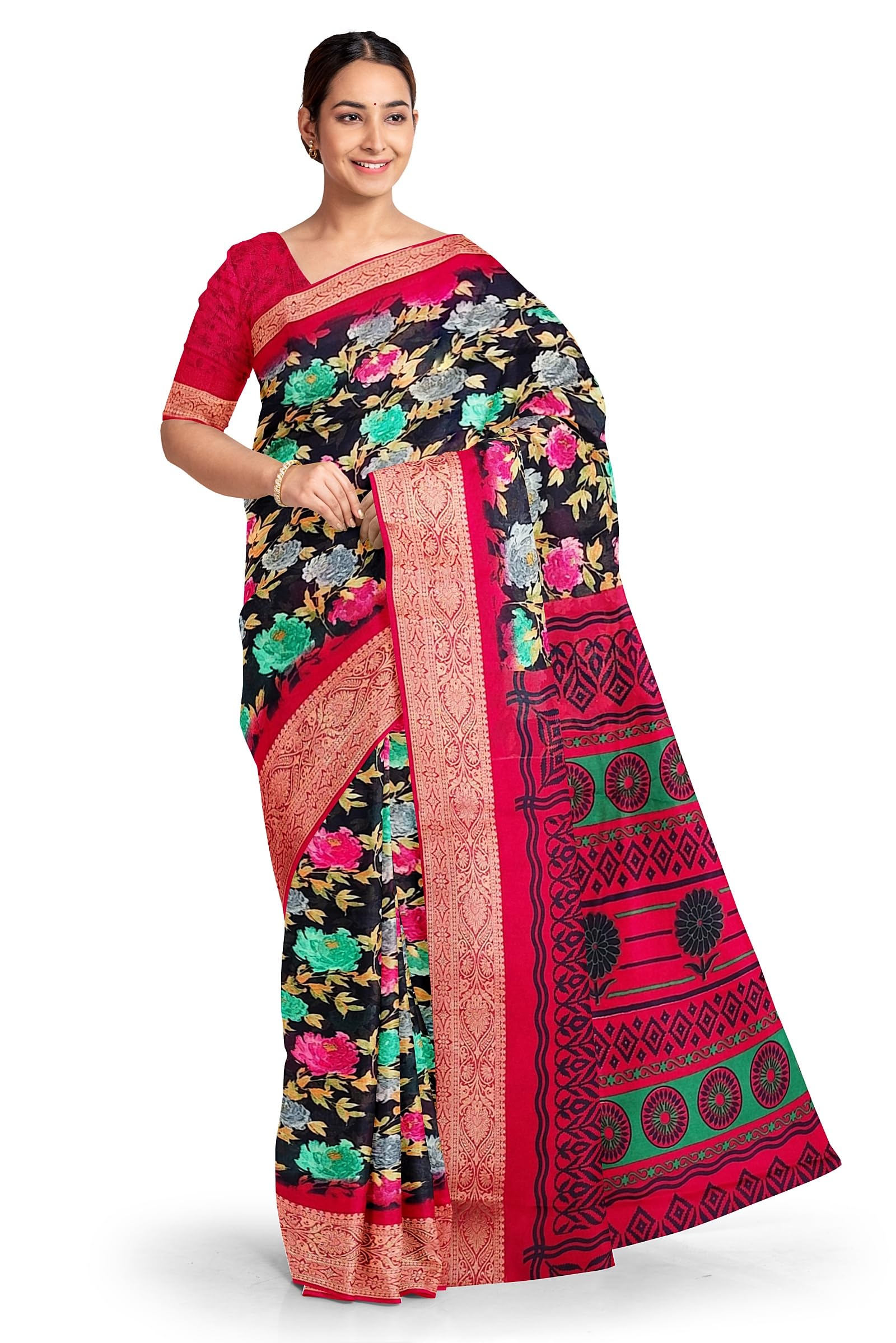 GenericModa King's Moss Mellon Georgette Digital Flora Print With Zari Weaving Border (Dark Navy Blue)