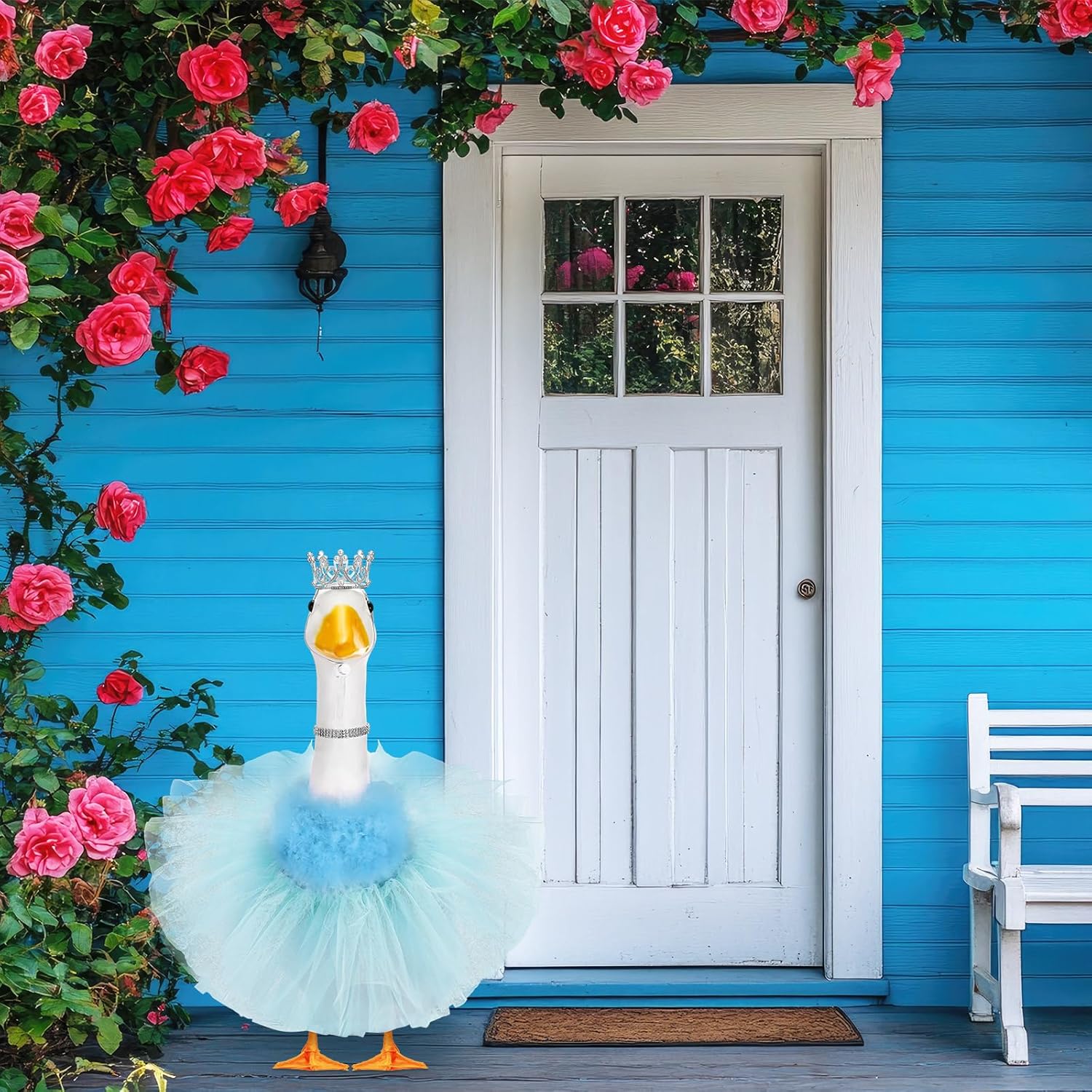 4 Pcs Princess Porch Goose Outfit for 23" 17" Cement Lawn Goose Costume Crown Necklace Tutu Skirt Feather Trim for Princess Outdoor Garden Lawn Art Decor(Blue) - Image 5