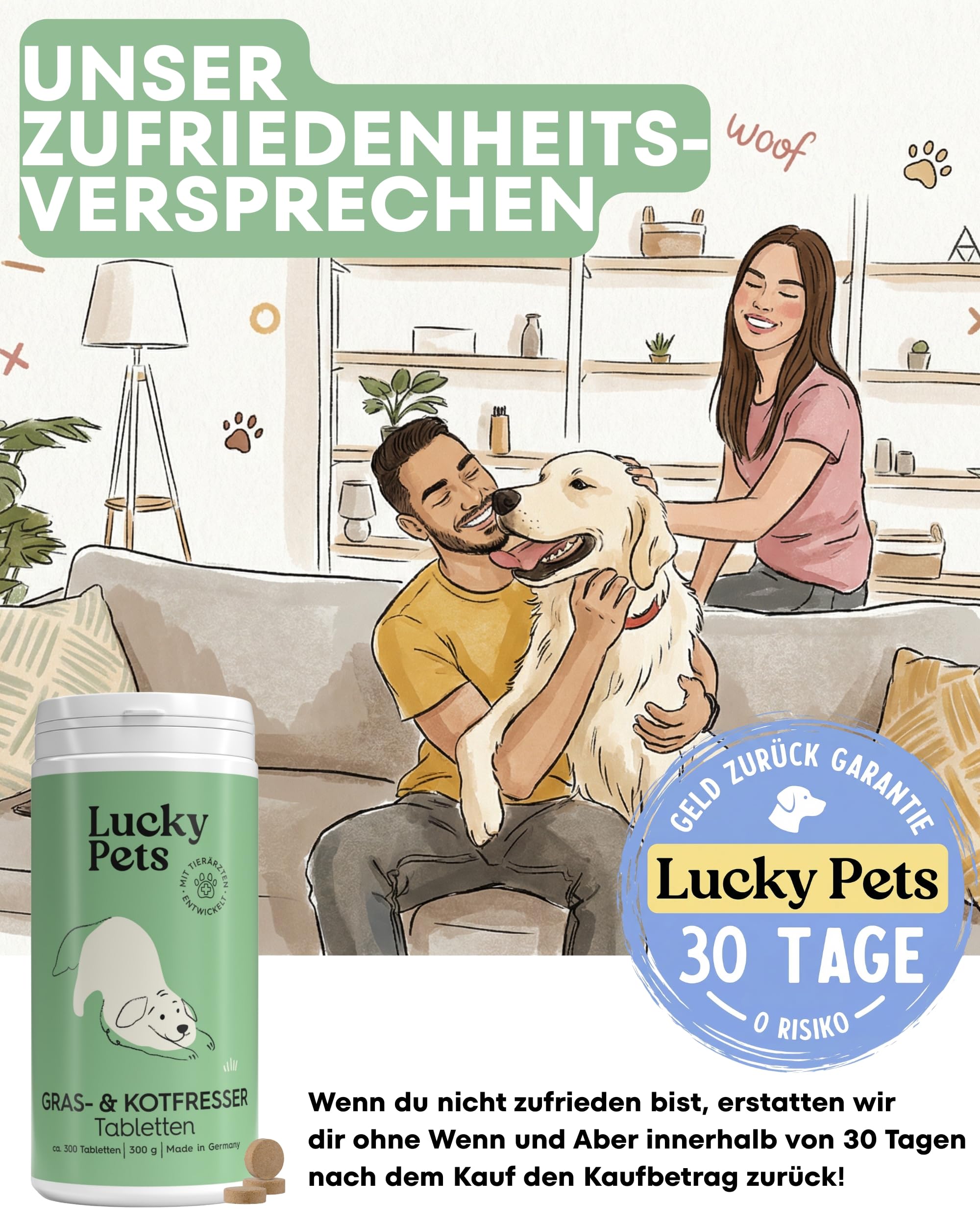 Lucky Pets Gras- & Kotfresser Tabletten Hund – 100 % pflanzlich und magenschonend – Mit Ulmenrinde und Heilerde – Gras und Kotfresser Drops Hund gegen Fressverhalten bei Nährstoffmangel