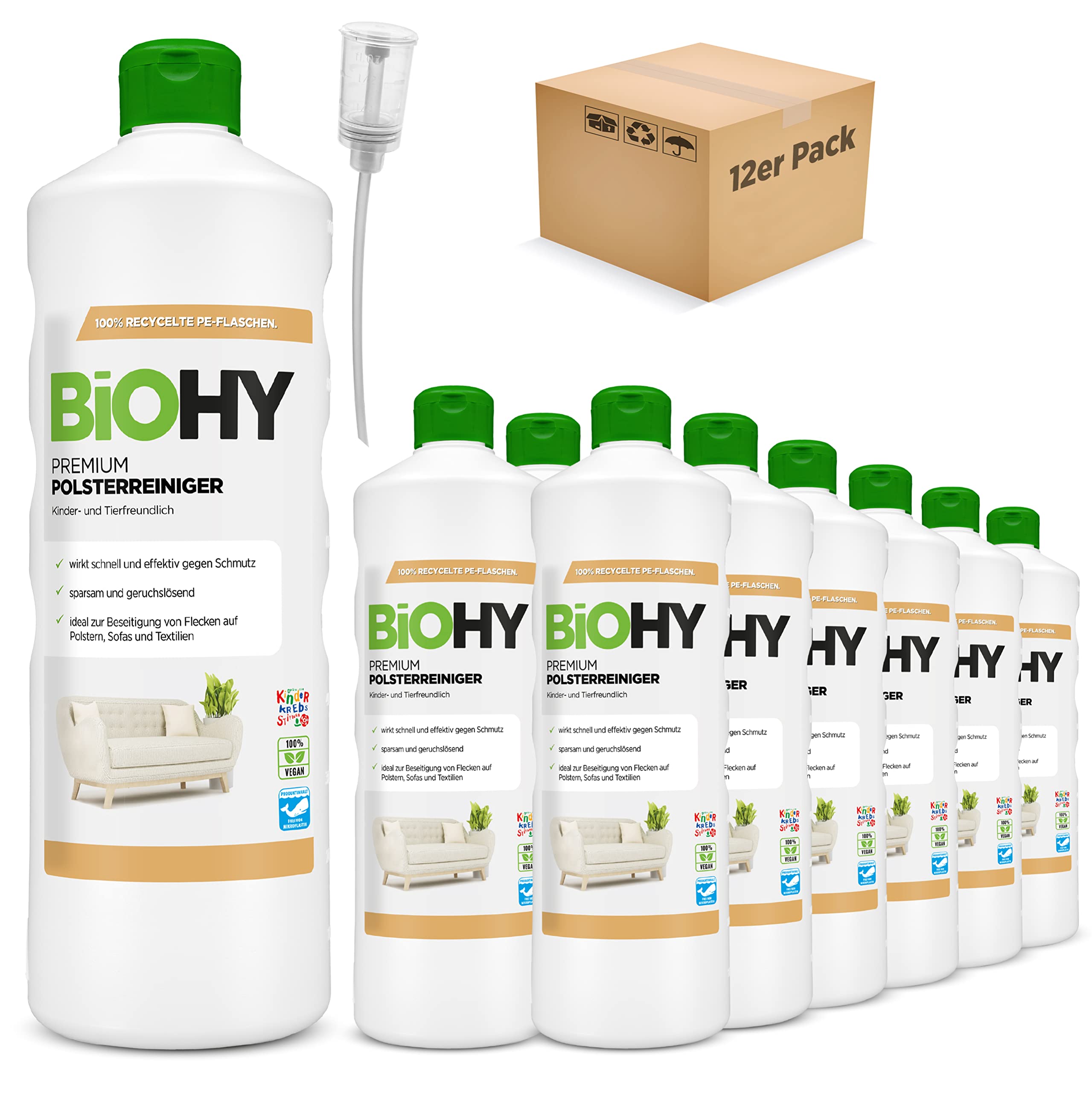 BiOHY Limpiador de Tapicerías Premium (12 botellas de 1 litro) + Dosificador | Concentrado para muebles tapizados, sofás, alfombras y textiles | quitamanchas que disuelven el olor (Premium Polster)
