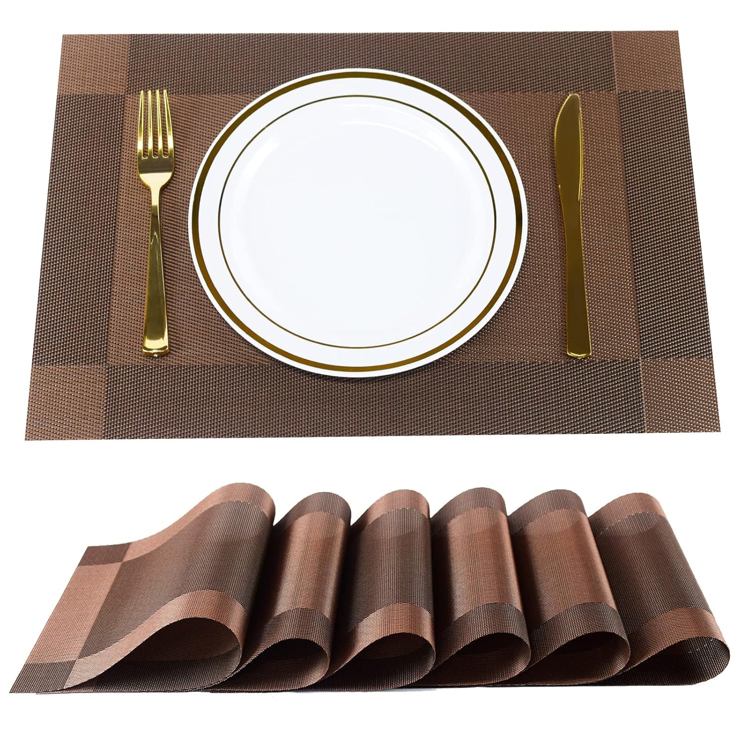 Mosaic Placemats Place Mats for Kitchen Dining Table, Heat-Resistant Stain Anti-Skid Washable PVC Table Mats,Vinyl Dinner Mats (Brown, 6 Pack)-image-16