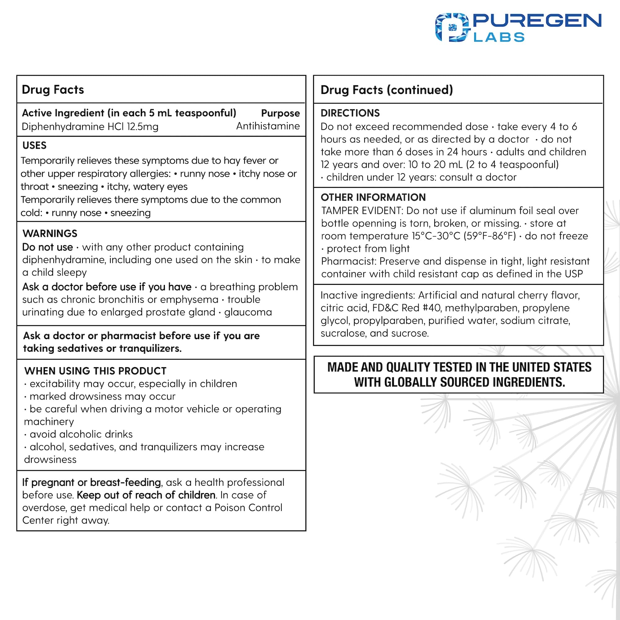 Puregen Labs Allergy Relief Oral Solution, Diphenhydramine HCl 12.5mg/5 mL — Amazon image 2
