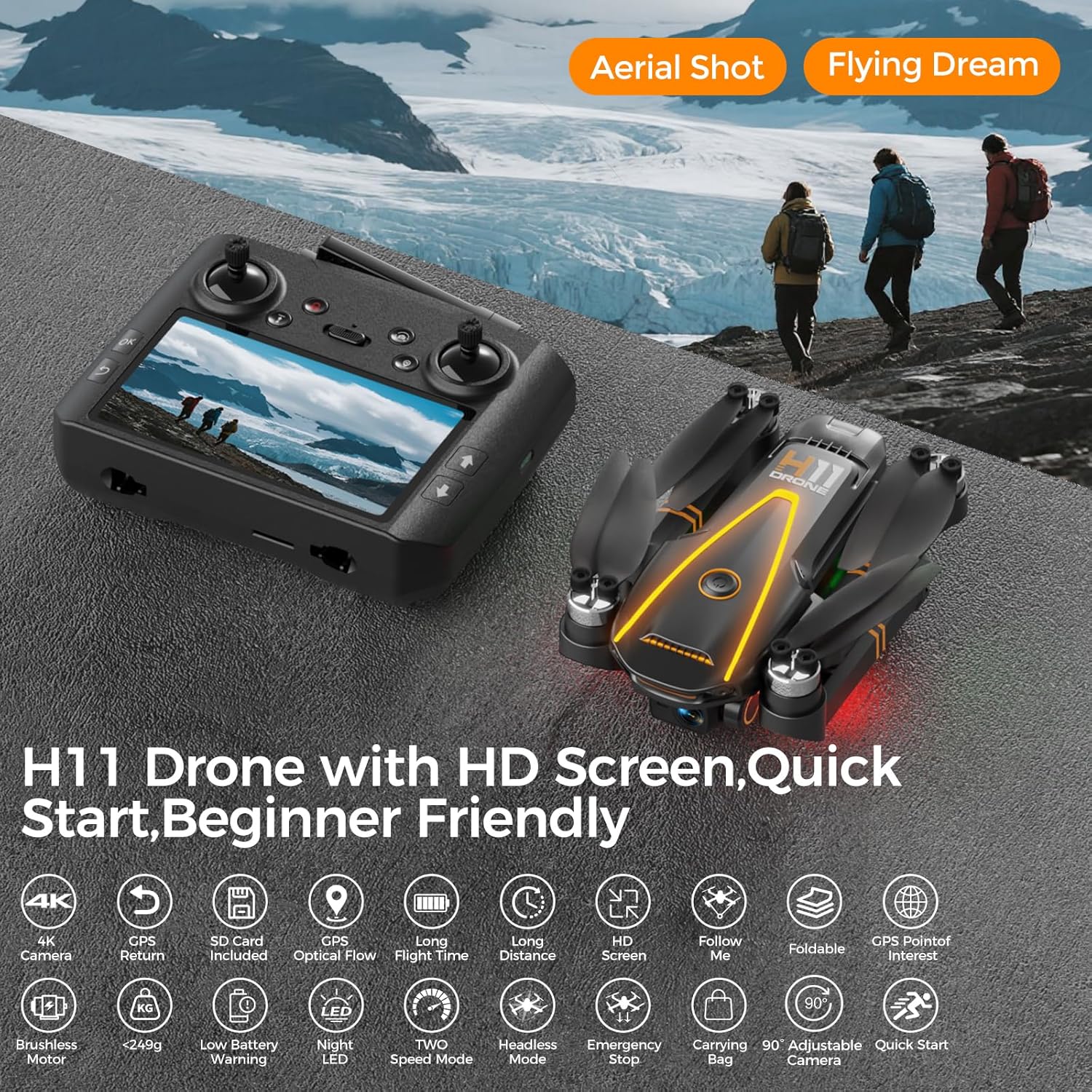 GPS Drone with EIS 4K Camera for Adults Kids, RC Drones with 4.5 inch HD Screen on Controller,Auto Return,2 Batteries for 45 min Flight Time,Long Range Transmission,Circle Fly and Follow Me Mode,Foldable Quadcopter for Beginner Kids Gifts Toy,Under 249g