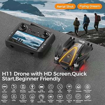 H11 GPS Drones with Camera 4k EIS Professional for Adults & Kids (screen remote controller) RC Quadcopter, Follow Me, Brushless Motor, Auto Return, 2 batteries for 45 min Flight Time, Under 249g