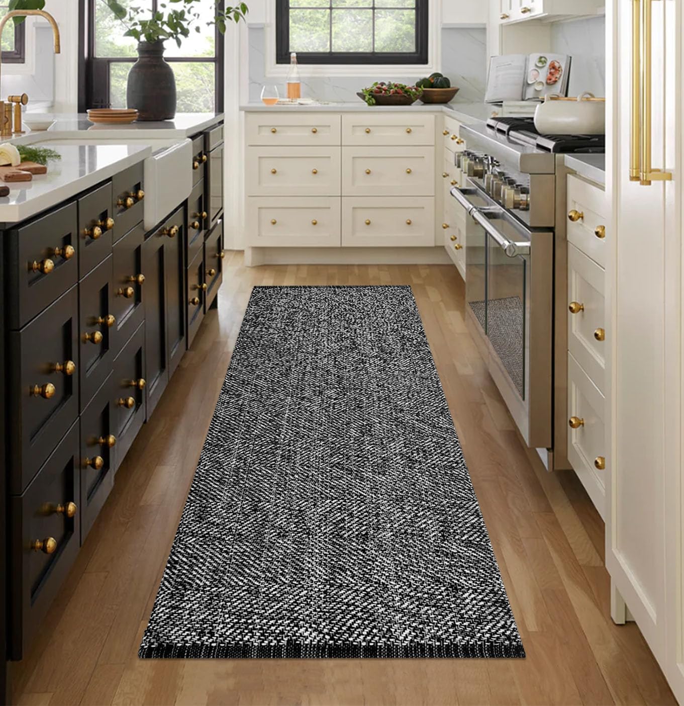 HXJDCL Farmhouse Kitchen Runner Rug, 2'x6', Black Cream