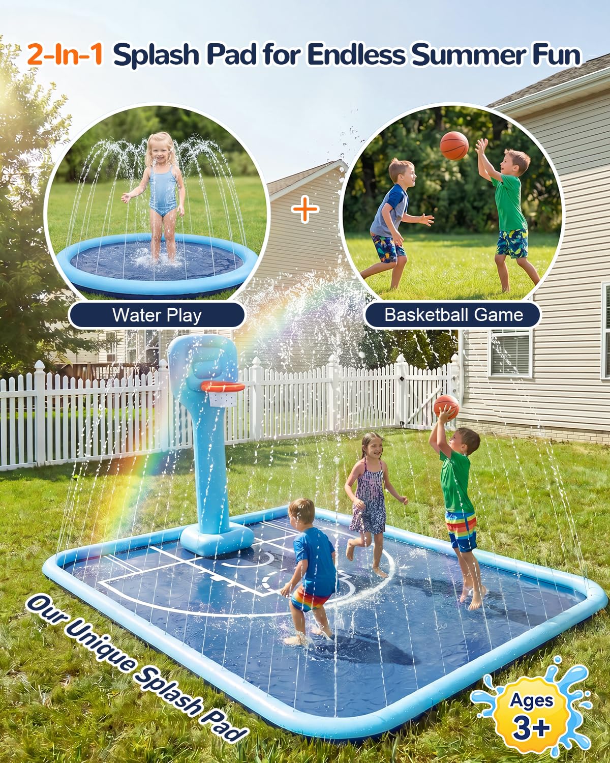 Splash Pad per bambini e cani, grande cuscinetto per irrigatore con canestro da basket, tappetino antiscivolo ispessito, giocattolo d'acqua per bambini e famiglie