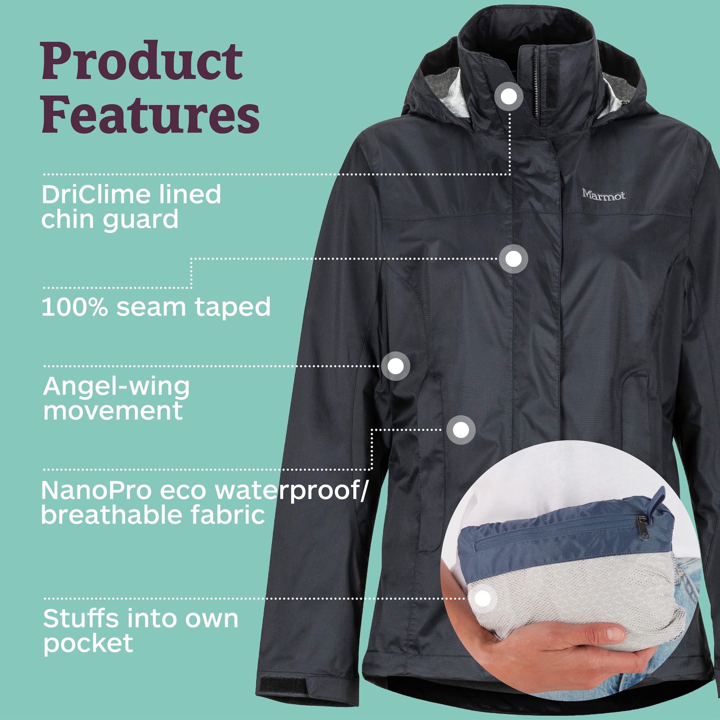 Marmot Damen Wm's PreCip Eco Jacket, Wasserdichte Regenjacke, winddichter Regenmantel, atmungsaktiv, faltbarer Hardshell Windbreaker, ideal zum Fahrradfahren & Wandern, Black, M