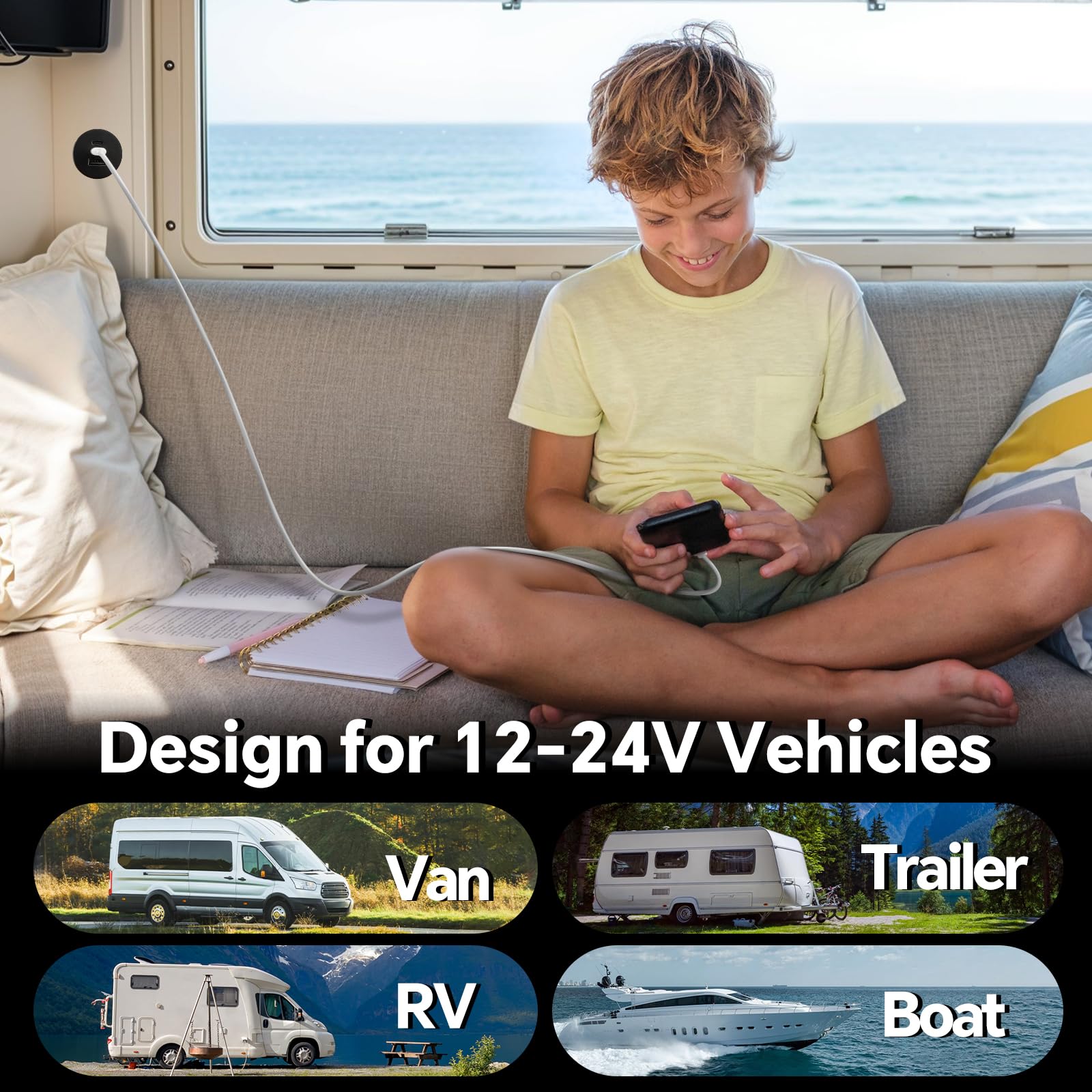 acegoo Prise USB C 12V Aluminium Voiture Chargeur Encastrable, Double PD3.0 et QC3.0, Charge Rapide Multiport pour Camping-Car Bateau Marine Camion Caravane, 2 Pièces