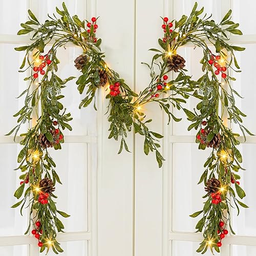 SLPBABY 6.6FT Lighted Christmas Garland Prelit with 20 Led Lights, Flocked Garland Decorated with Pine Cones, Red Berry, Battery Operated with Timer for Mantle Stairs, Indoor Outdoor Decorations