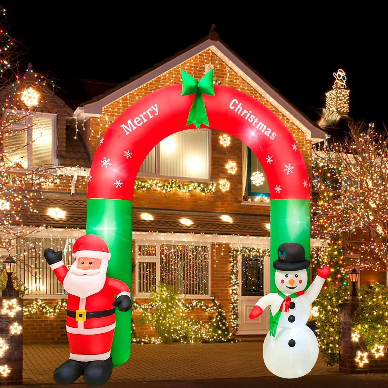 Arche de Noël avec Père Noël et Bonhomme de Neige, 2,4 m de Haut avec Lumières LED Arc Gonflable pour Extérieur, Intérieur, Jardin, Décoration de Cour et Disposition de Lieu