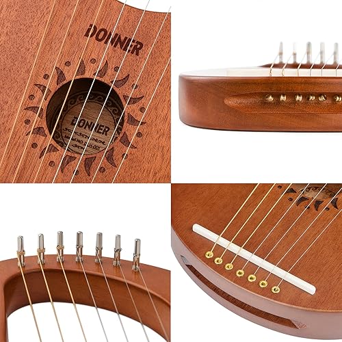Miniatura 6 de Donner Arpa de lira, 7 cuerdas de metal, cuerpo de caoba y sillín de hueso DLH-001 Arpa de lira para niños principiantes con llave de afinación,