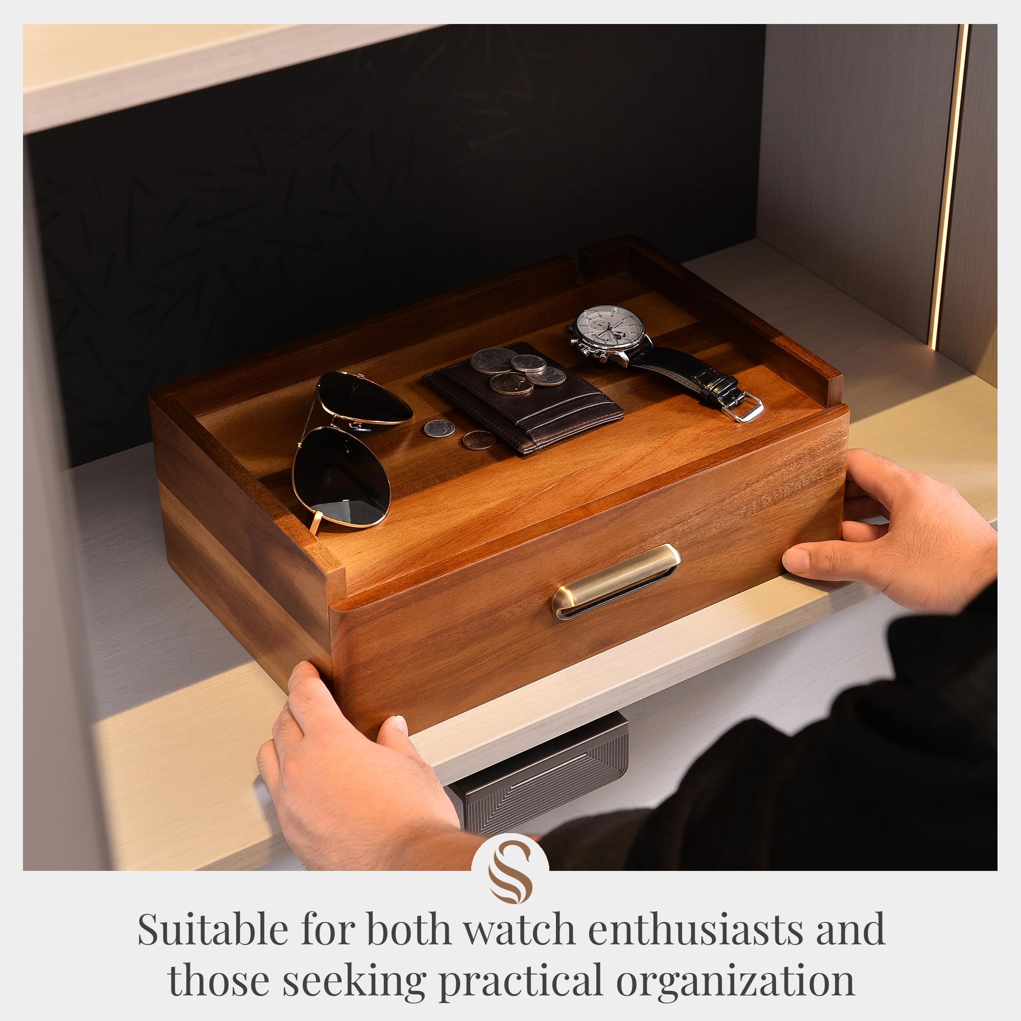 Shanik Docking Station Organizer - Engraved Wood Drawer Watch Box with Removable EDC Tray, Sunglasses Holder, Phone and Watch Stand, Christmas Gift