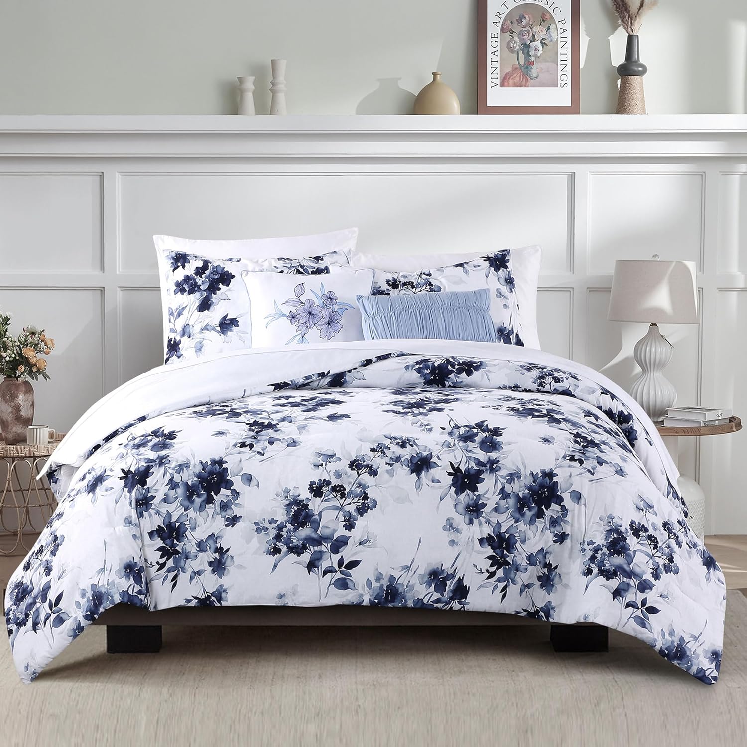 Wonderful Cotton Comforter Set Queen Size, 5 Pieces Blue and White Floral Comforter Bedding Sets with Pillow Shams, Lightweight Comforter Bed in a Bag for All Season Blue&white Full/Queen ( Similar)