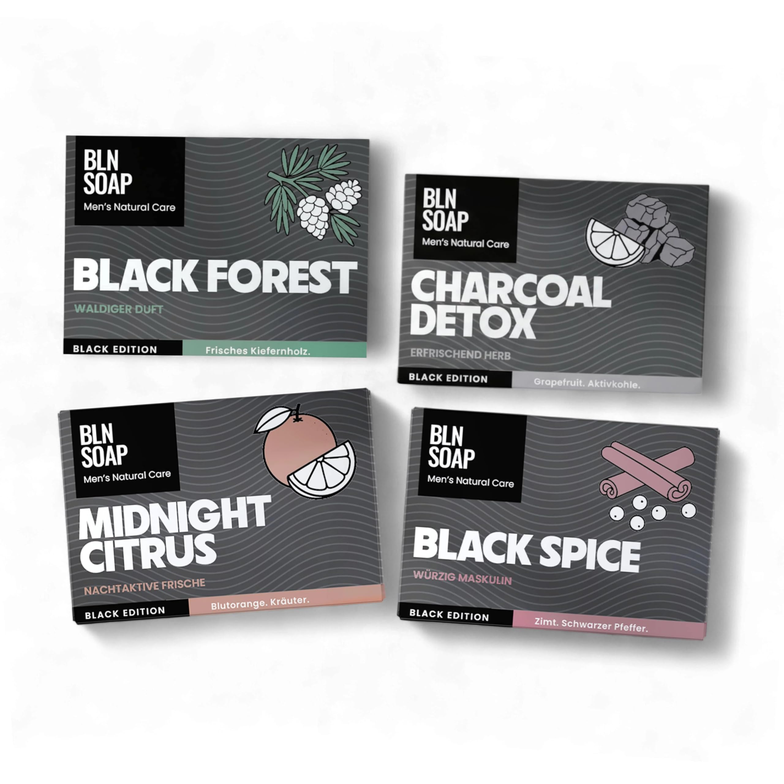 Männerseifen-Set Black Edition: Natürliche feste Seifen für Männer, Geschenkset Herren, 3-in-1 Duschseife für Hand, Körper und Haare, Shampoo Mann, Festes Duschgel Vegan, 4 x 135 g, BLN SOAP