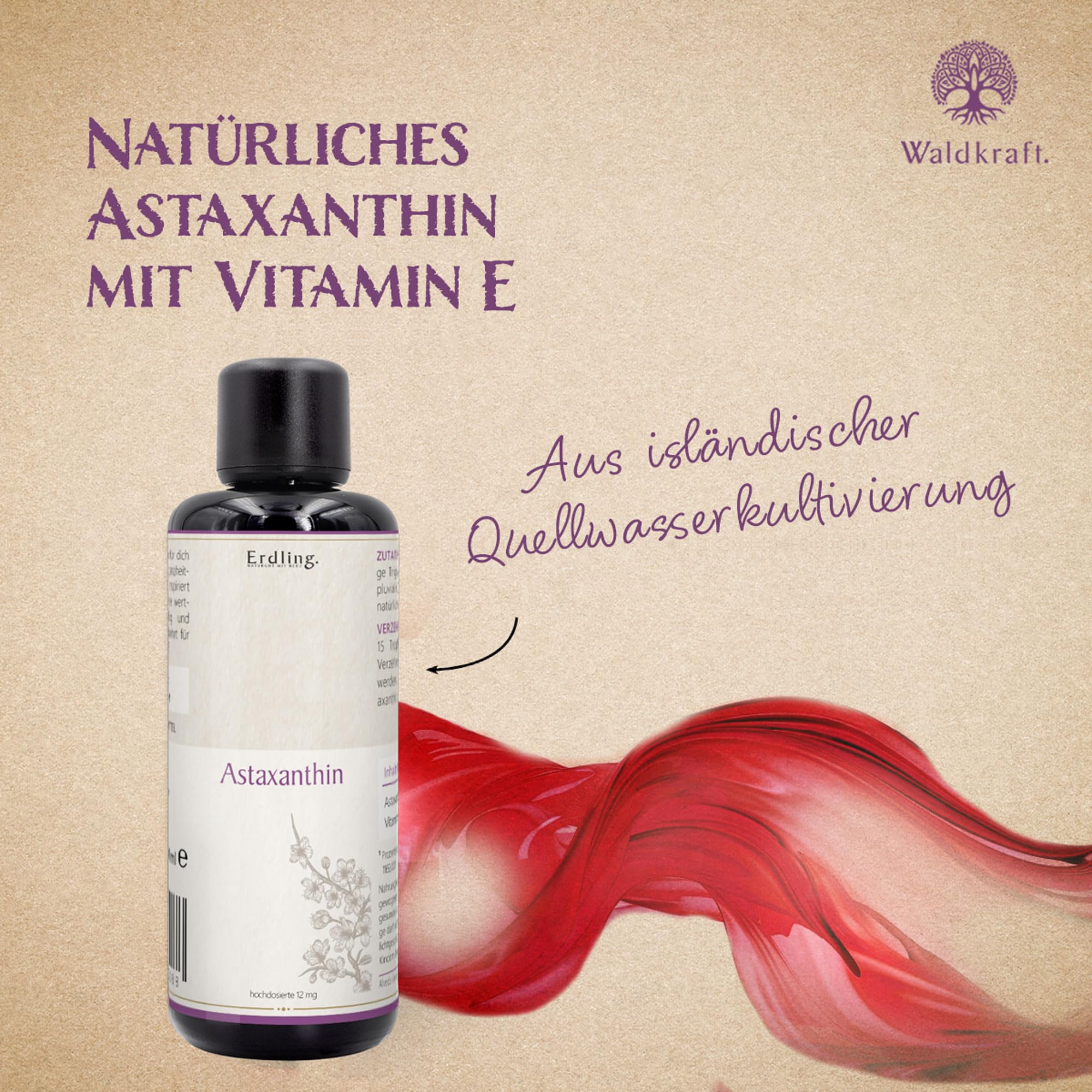 Waldkraft Astaxanthin Tropfen aus Island 100ml – natürliches Oleoresin aus der Alge Haematococcus pluvialis – hochdosierte Tropfen in MCT-Öl angereichert mit natürlichem Vitamin E