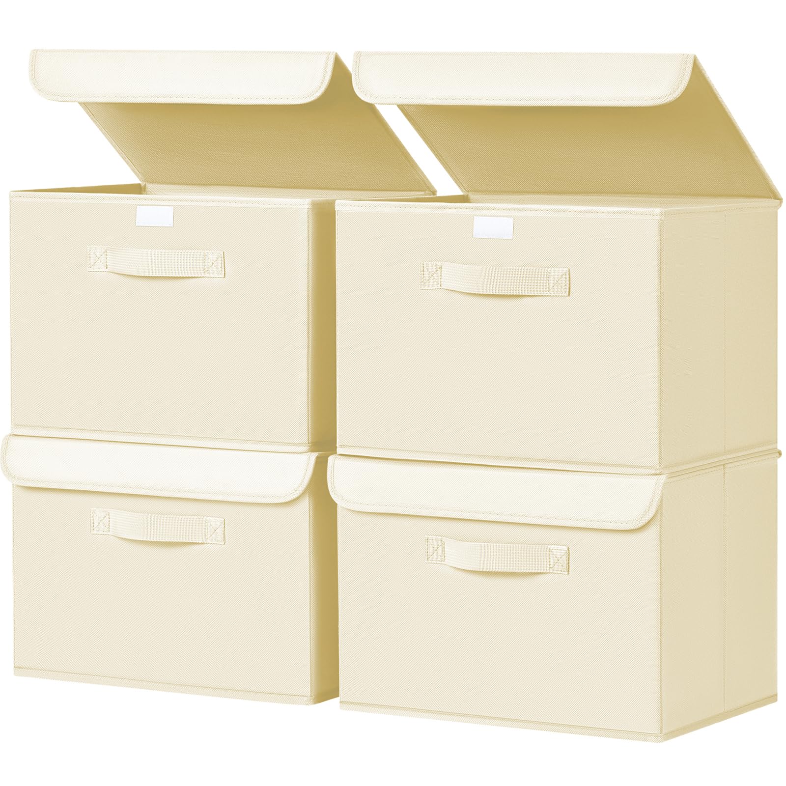 Homsorout Foldable Storage Boxes with Lids - Wardrobe Organiser Bin with Handle Fabric Basket Containers for Clothes, Book, Shelf, Office, Large x4-23.75L, Beige