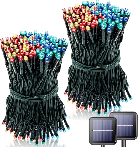 Miniatura 1 de POTIVE Paquete de 2 luces solares de Navidad de 42.7 pies, 100 luces LED impermeables para exteriores, cable verde, luces solares multicolor, 8