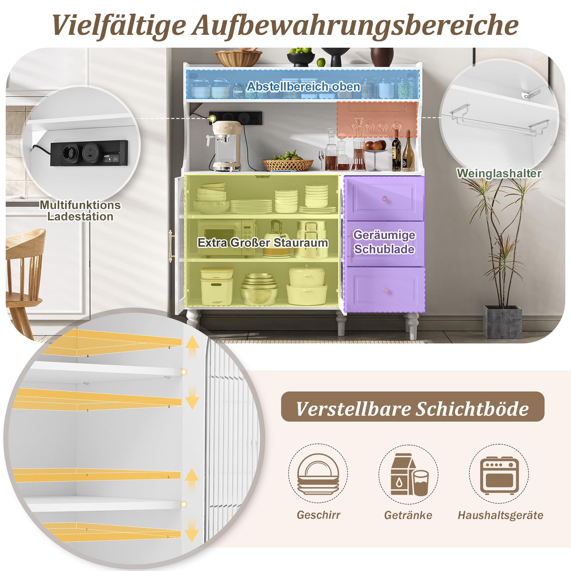 Küchenschrank Buffetschrank Höhe 138.5 cm mit Steckdosen und Stauraum, Hochschrank Sideboard mit Weinglashaltern, Barschrank Küchenschränke Highboard mit Schubladen, Küchenmöbel, Schrank Weiß