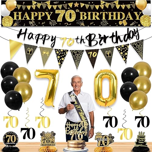 27 decoraciones de cumpleaños número 70 para hombres, decoraciones de fiesta de 70 años de color negro y dorado, pancarta de feliz cumpleaños 70 con