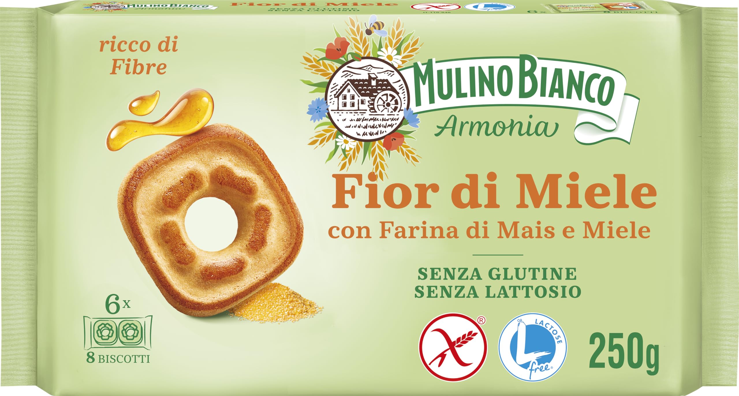 Mulino Bianco Fior di Miele Biscotti Frollini al Miele Millefiori con Farina di Mais, Senza Lattosio, Glutine e Olio di Palma, Mulino Armonia, Confezione con 6 Monoporzioni da 6 Biscotti 250 g (Confezione da 1) Fior di Miele Senza Glutine