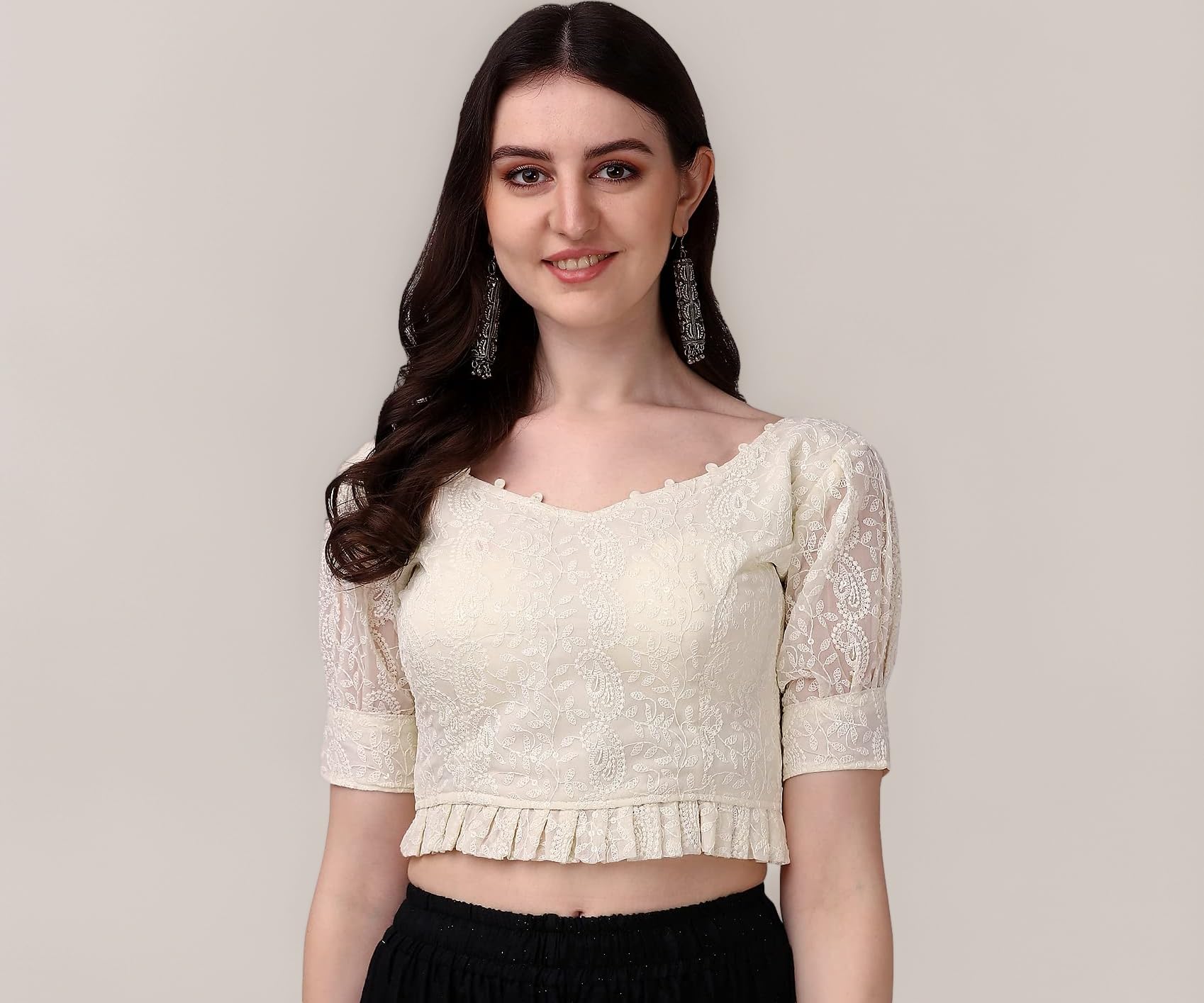 Women's Georgett Lucknowi Embroidery Puff Sleeve Tie UP Blouse (Lucknowi Tie)