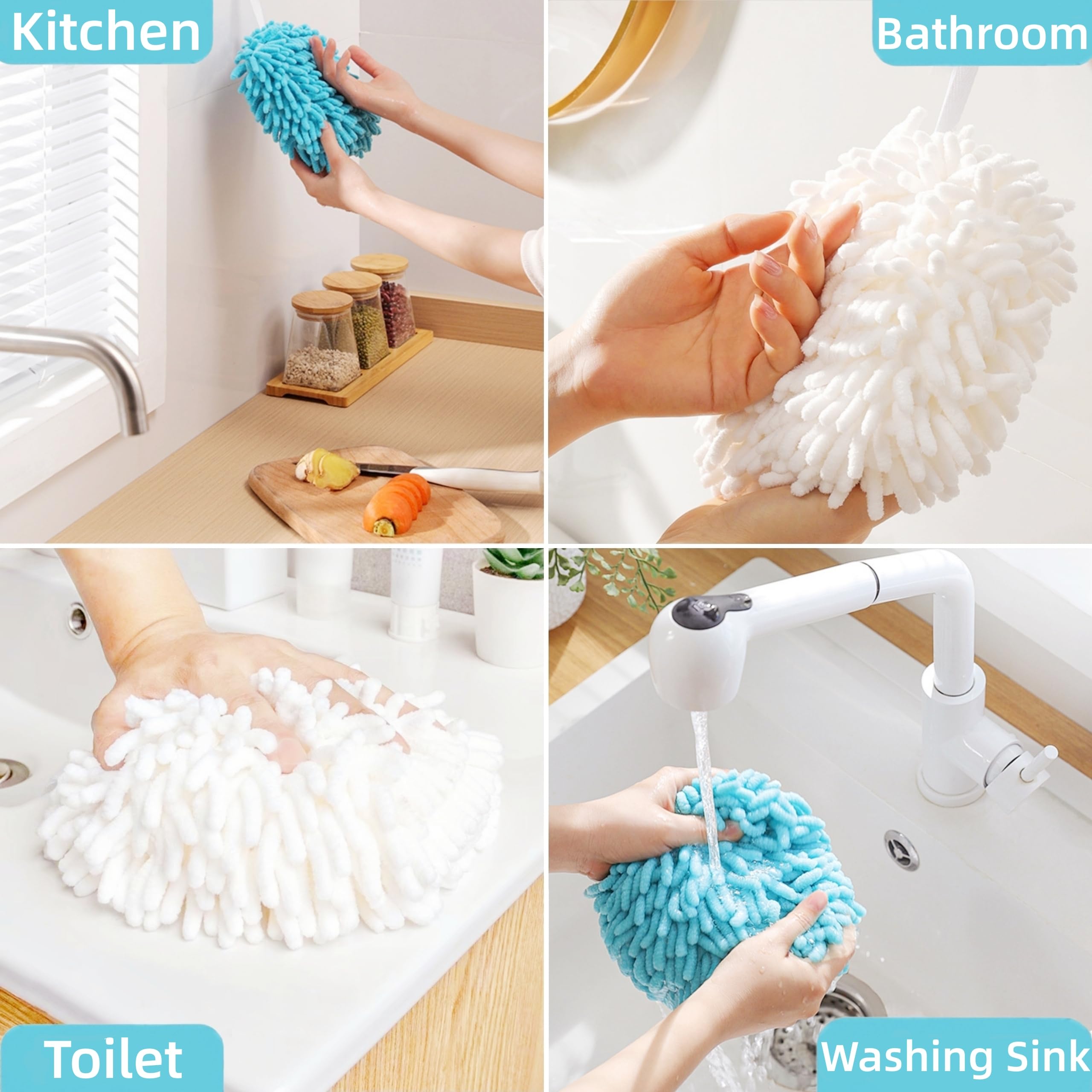 Juego de 3 toallas de mano de felpilla mullida, suaves, absorbentes, de secado rápido, para baño y cocina con 3 ganchos (2 grises + 1 azul)