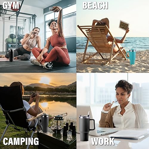 Miniatura 7 de Vaso de 40 onzas con asa y pajita, vaso aislado de viaje para bebidas calientes y frías, termo de viaje, taza de café de acero inoxidable (azul