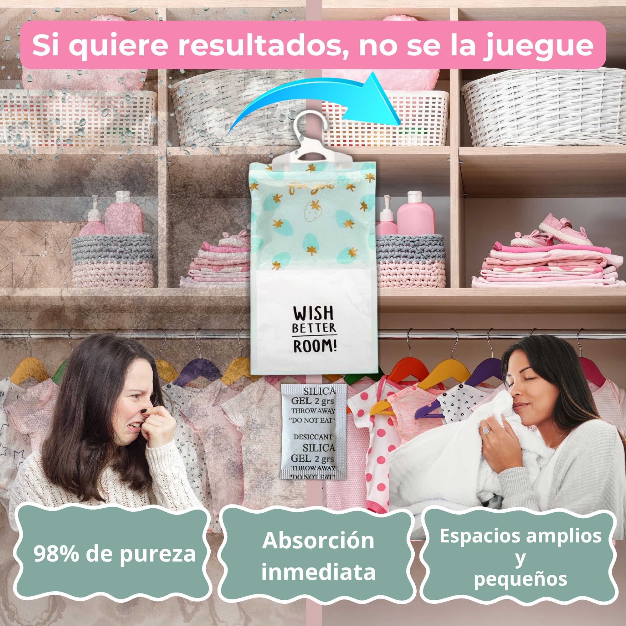 Doble pack antihumedad – Deshumidificador armarios - 6 Bolsas antihumedad armarios + 50 Sobres de Silica Gel 2 grs - Antihumedad cajones, habitación, baño - Olor ropa limpia – Antimoho