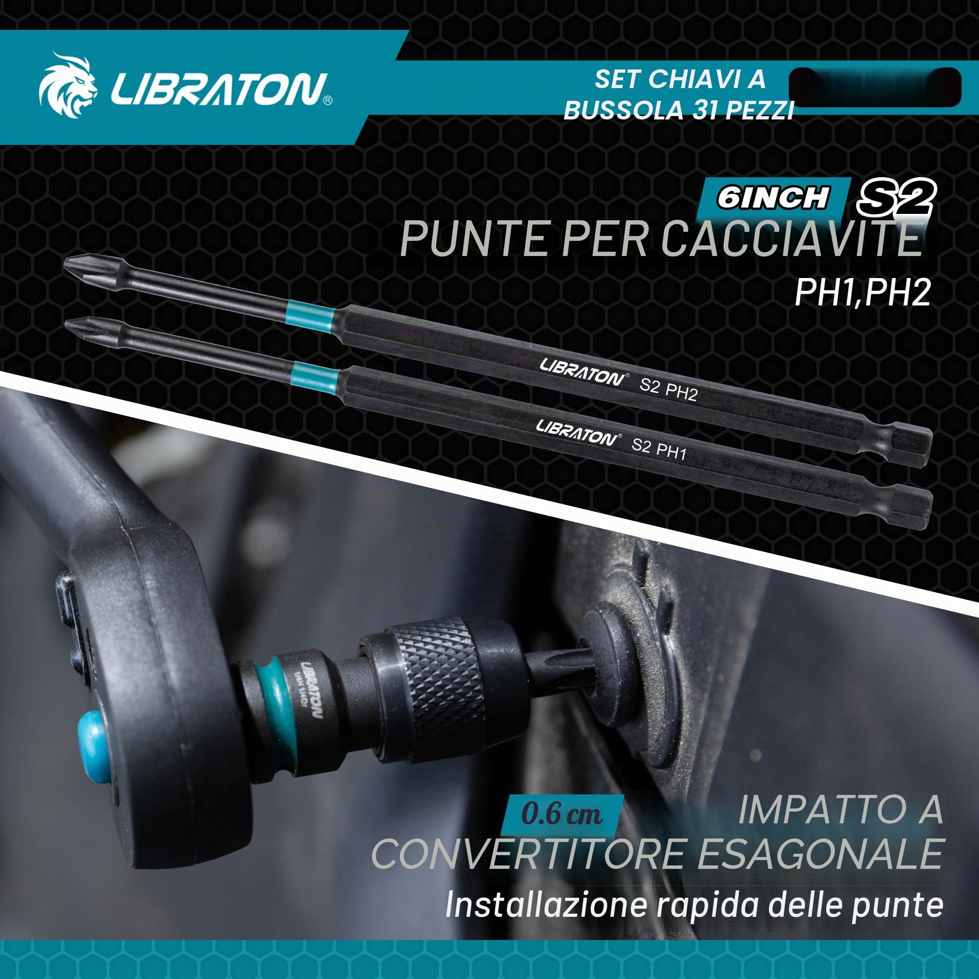 LIBRATON Set di 31 Giradadi Magnetici, Punte Avvitatore a Percussione 1/4", Giraviti Dadi 6", Giradadi Metrici e SAE per Trapano, Bussole, Adattatore da Quadrello a Esagonale, PH1, PH2, Magazzinaggio