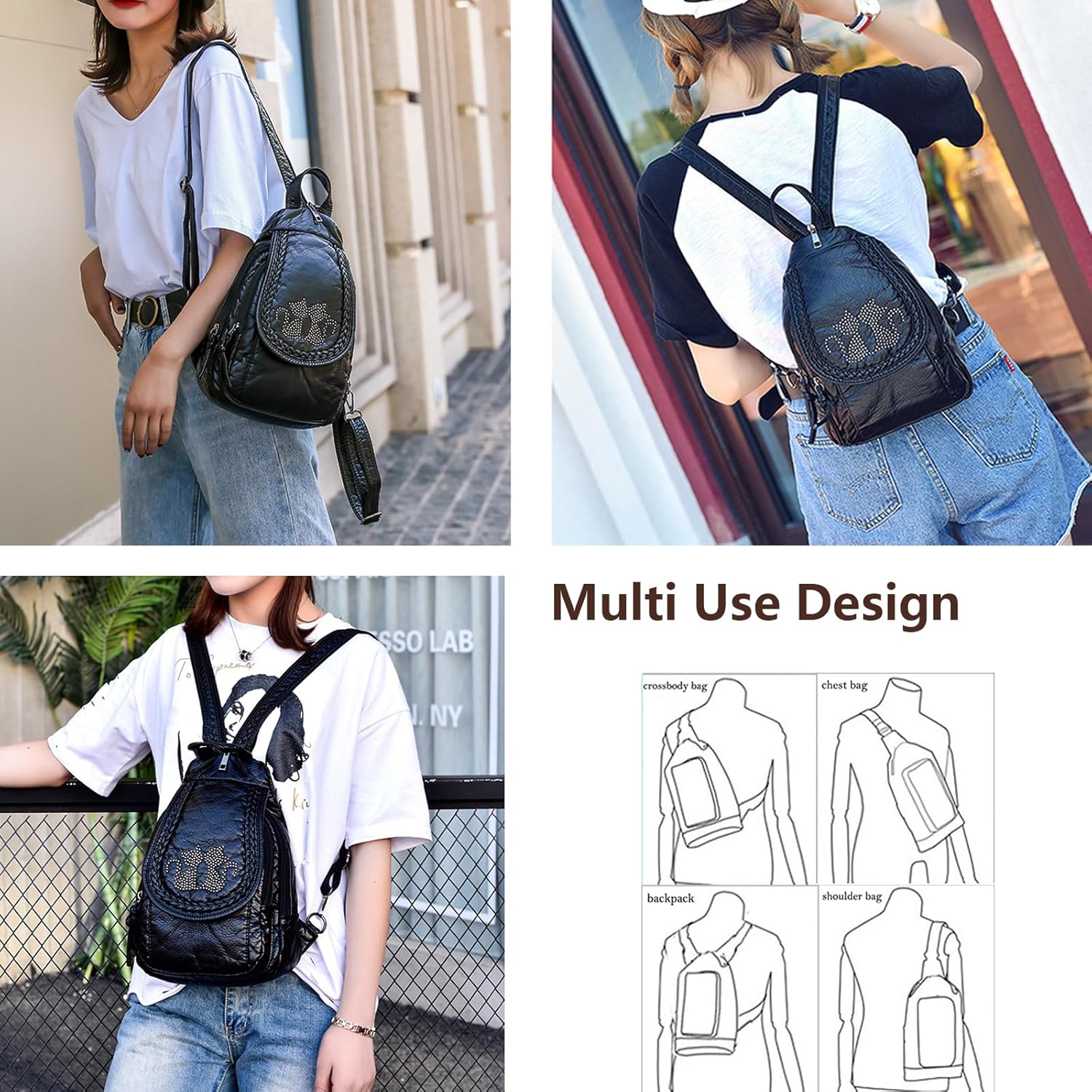 Small Backpack for Women PU Leather Women's Mini Backpacks Purse Waterproof Stylish Daypack Fashion Black Rucksack Handbags Bags with Cute Kitten Pattern - Image 6