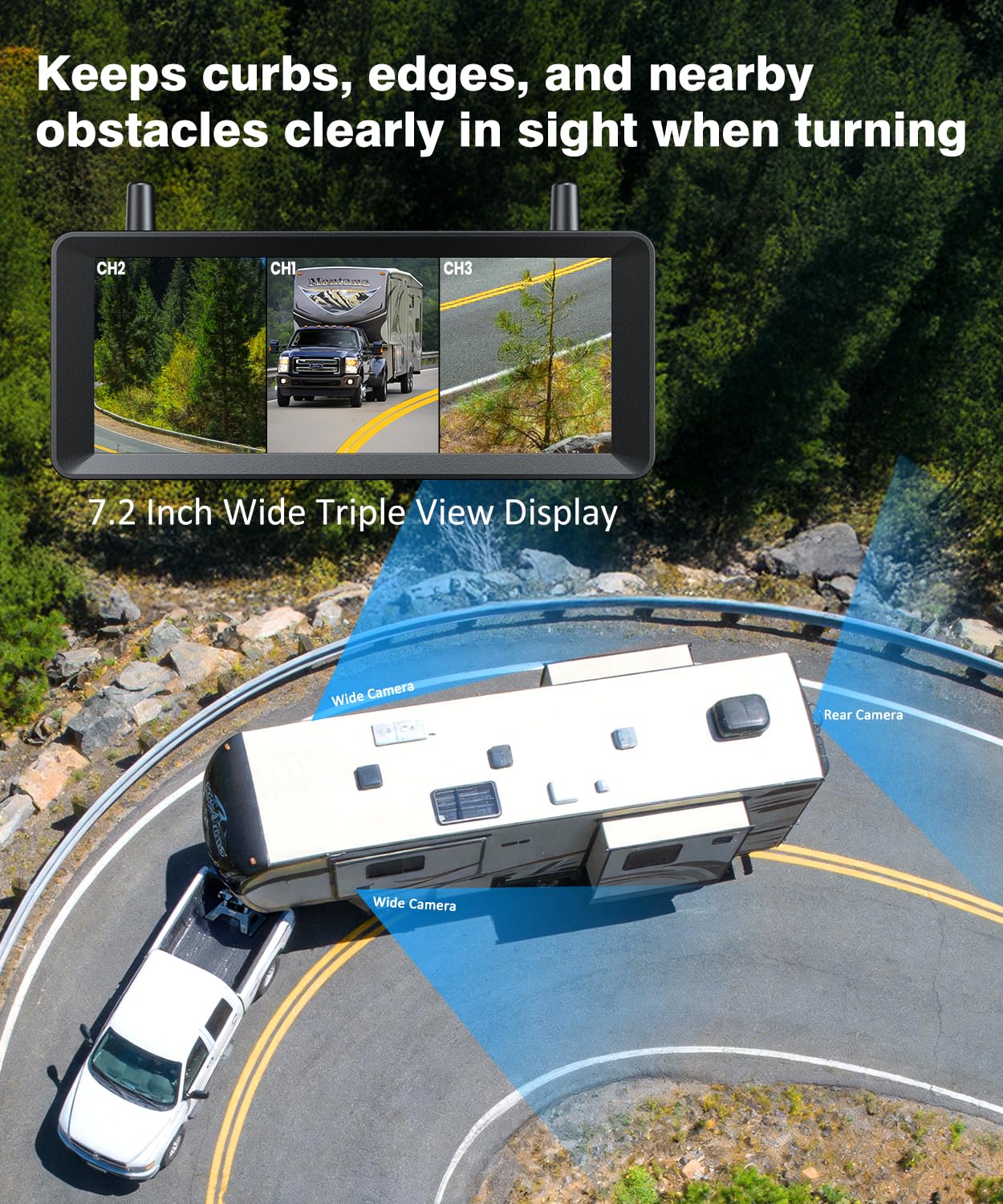 AUTO-VOX Wireless RV Backup Camera System: Rear and Side Coverage on a Large 7.2’‘ HD Monitor, Triple Split View, IR Night Vision, DVR Recording Back up Camera for RV,Travel Trailer,Motorhome,Camper - 3