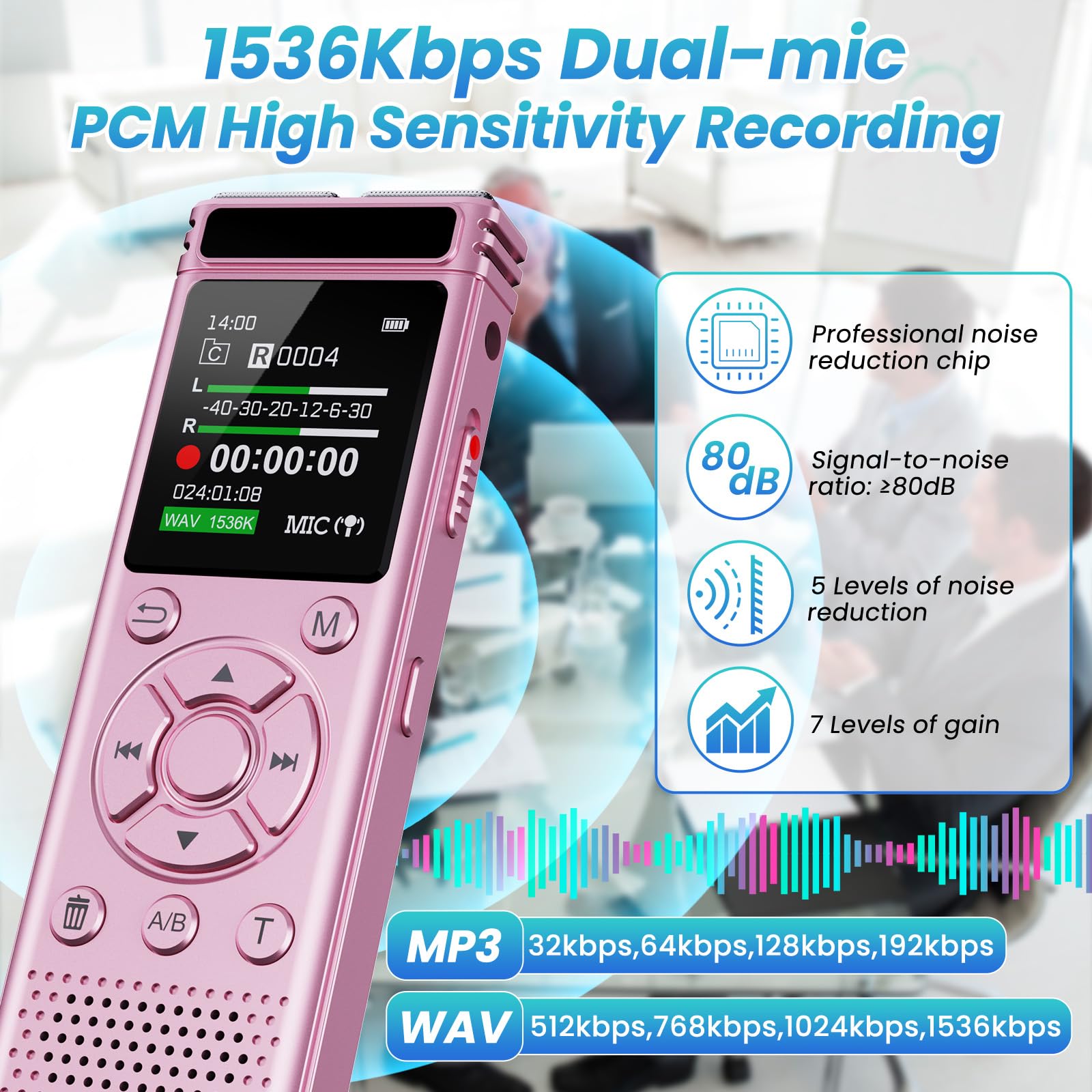 Grabadora de voz digital de 136 GB con reproducción, dispositivo de grabación de audio de 9000 horas, grabadora activada por voz con reducción de ruido, repetición A-B, reproductor de MP3 y contraseña