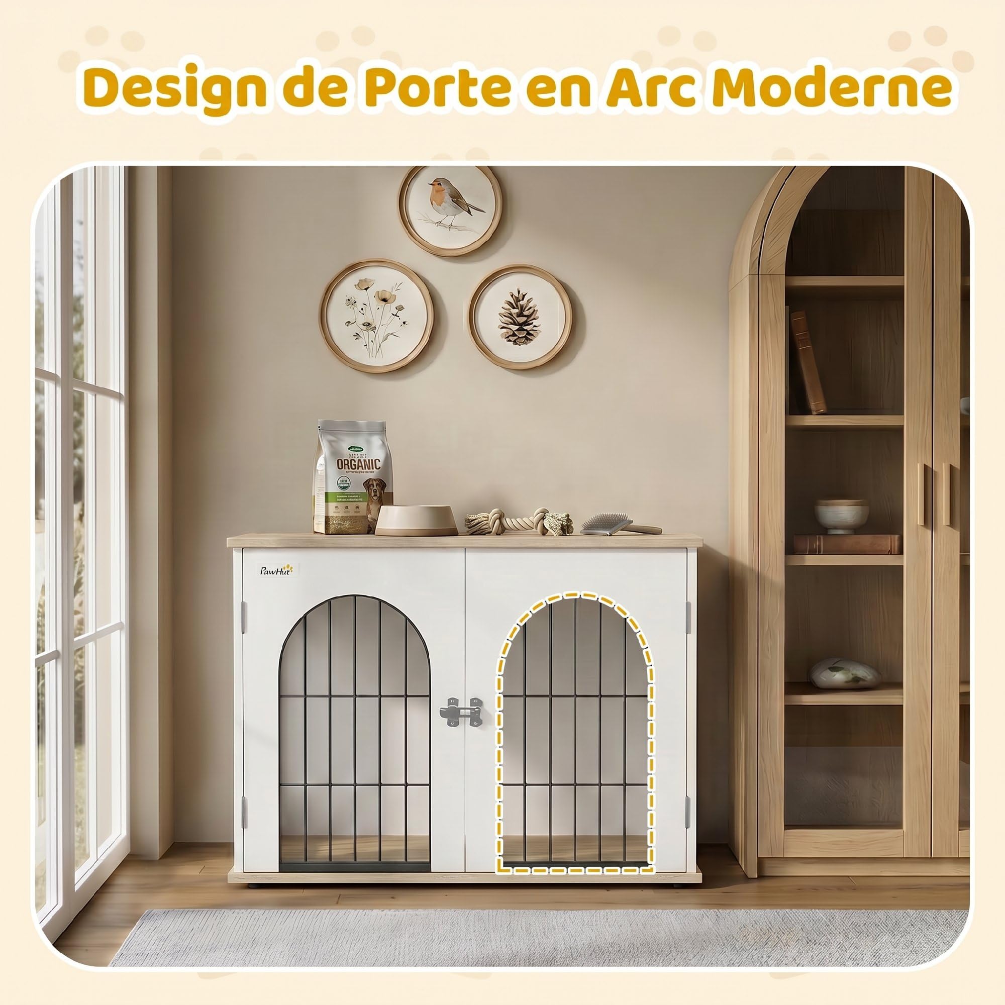 PawHut Gabbia per cani Arco Doppia Porta Dimensione Media, 80 x 56 x 59 cm, Bianco | Mobile Cage Cane Interno, Metallo Robusto, Tavolino Design Moderno, Soggiorno Appartamento