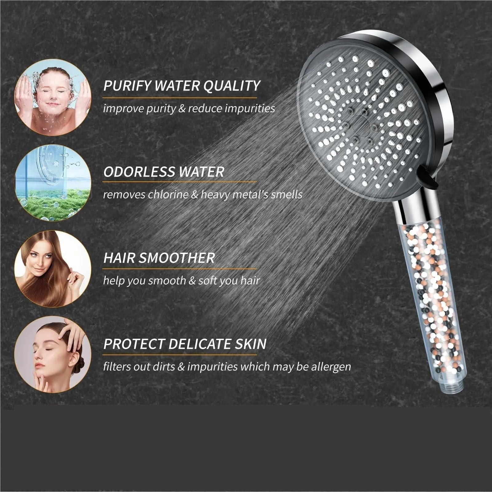 Alcachofa de ducha 5-speed Water Adjustment Filter Shower Head High Pressure Negative Ion Hard Softening Set(Black)