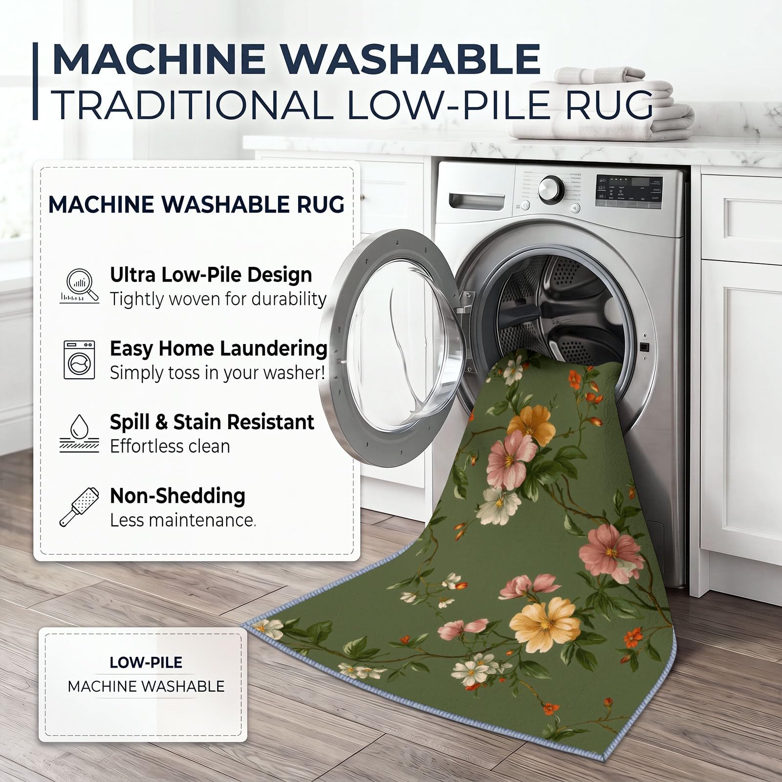 Générique Fleur Feuille Vert Foncé Tapis Salon 140x200 cm Lavable en Machine, Bohème Rétro Pastoral Tapis AntidéRapant Doux Poil Ras, pour Salon, Chambre et Salle à Manger
