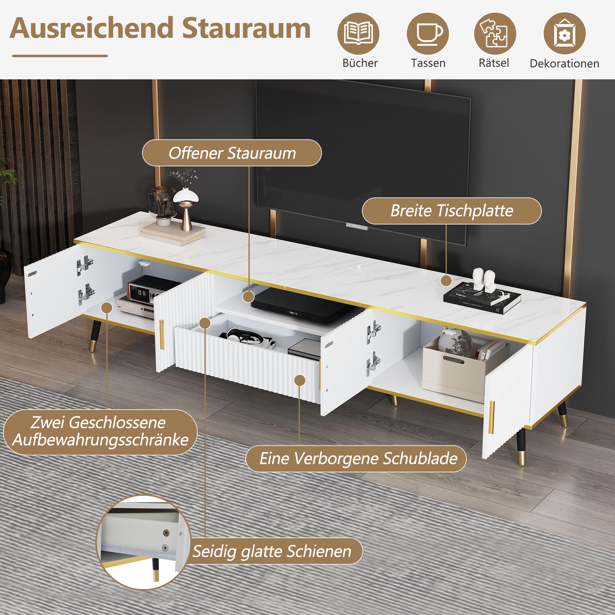 Soweiz Tv-board, modern lowboard, tv-kast met marmerlook, tv-commode - voor tv's tot 90 inch, drie laden en 1 kabelmanagement, wit gouden lijnen, 200 x 40 x 46 cm