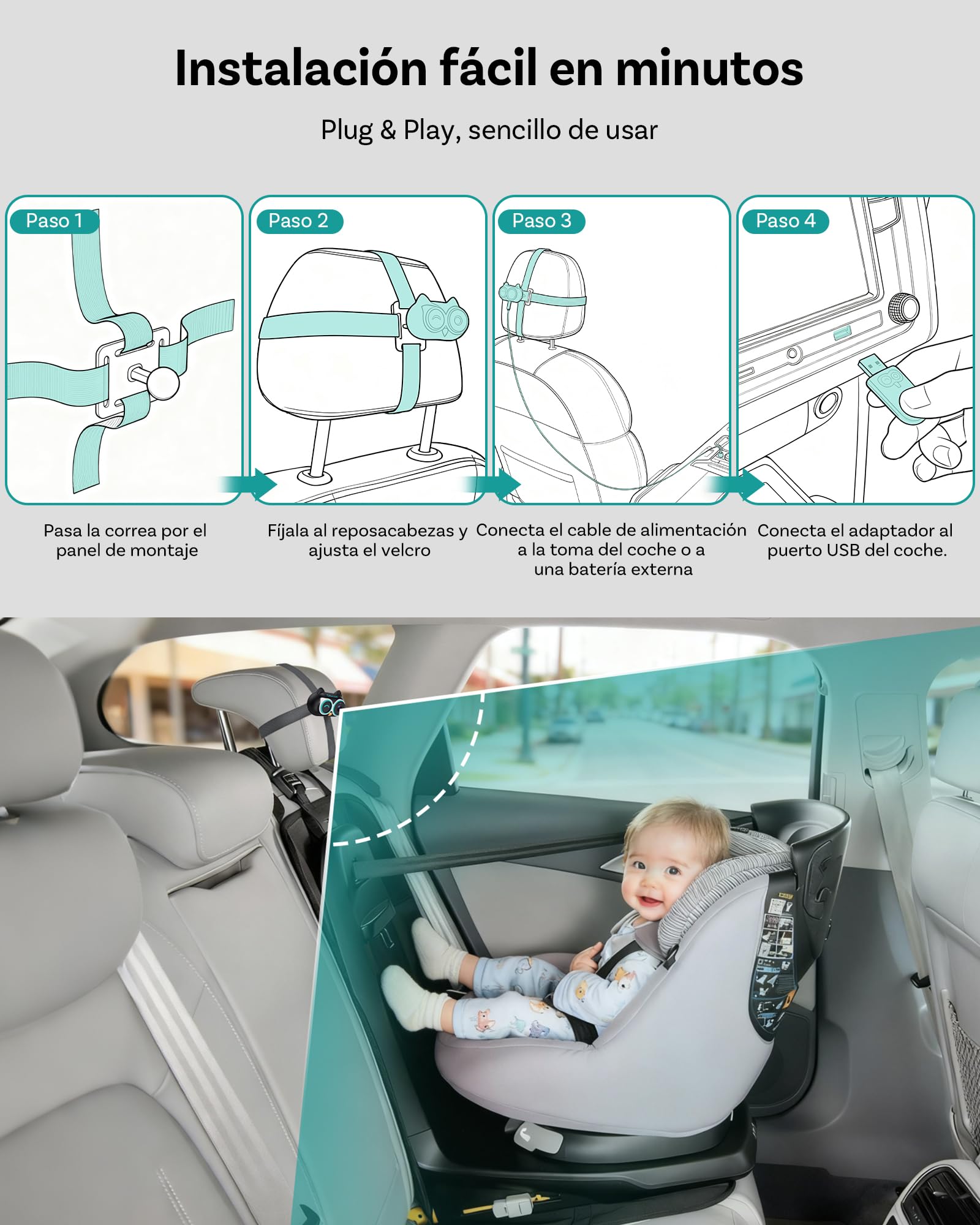 Ottocast Cabin Care CarPlay Adapter 2026, Ottocast Mini Cámara Asiento Trasero 1080P, USB-A Plug & Play, Solo para CarPlay con Cable de fábrica