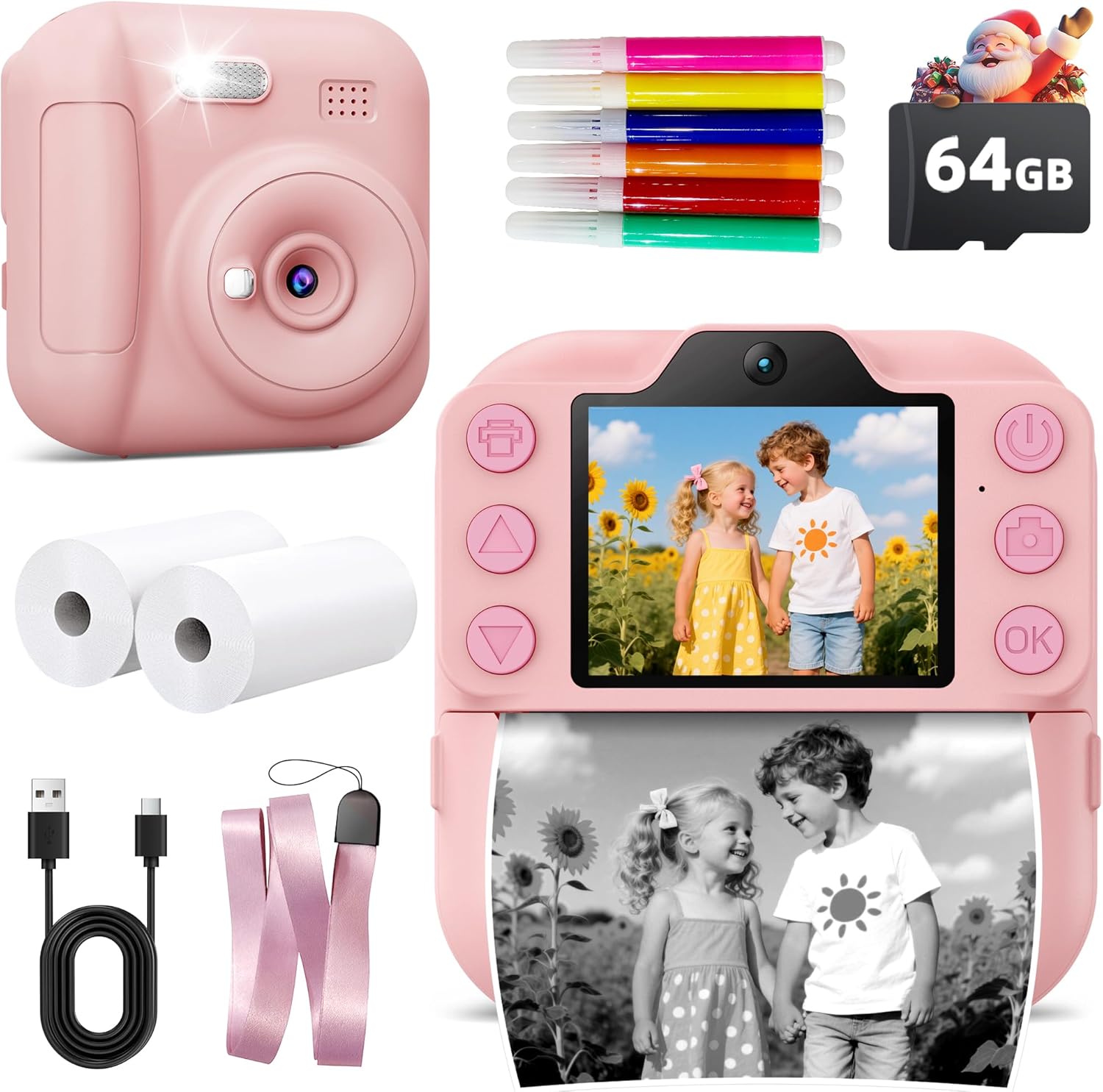 Câmera infantil Impressão instantânea, brinquedos para crianças Presentes de aniversário de Natal para meninas, câmera digital portátil 64 GB, cartão infantil para idades de 3 a 12 anos, presente de Natal de menina para 3 4 5 6 7 8 9 10 anos (rosa)