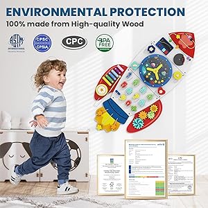 BlueWood Wooden Wall Busy Board Panels, Toddler Learning Activity Center, Montessori Philosophy Sensory, Educational Toys, Conducive to All-Round Development - Rocket