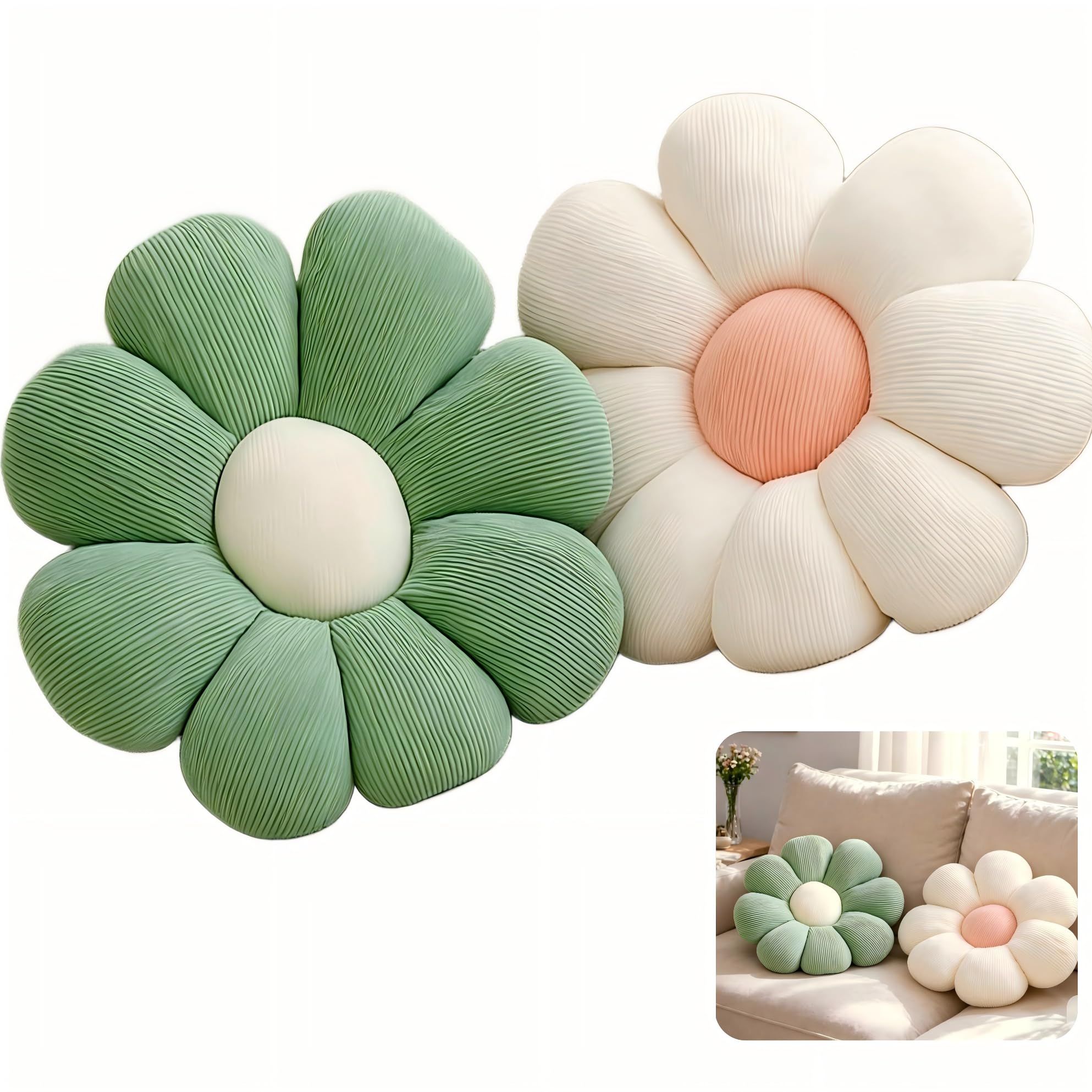 LPVVPEZ 2 Pack Daisy Flower Pillow 38x38cm, Green and White Plush Floor Cushion, Soft Throw Pillow for Window Seat Car Home Sofa Chair, Cute Floral Seat Pad for Room Decor