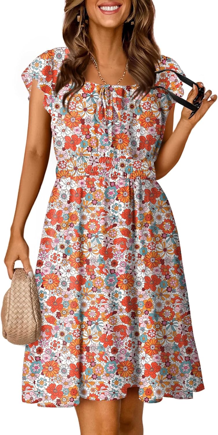 Dokotoo Womens Summer Dresses 2025 Boho Floral Ruffle Sleeve Smocked Elastic Waist Drawstring Tie Casual Mini Dress Sundress