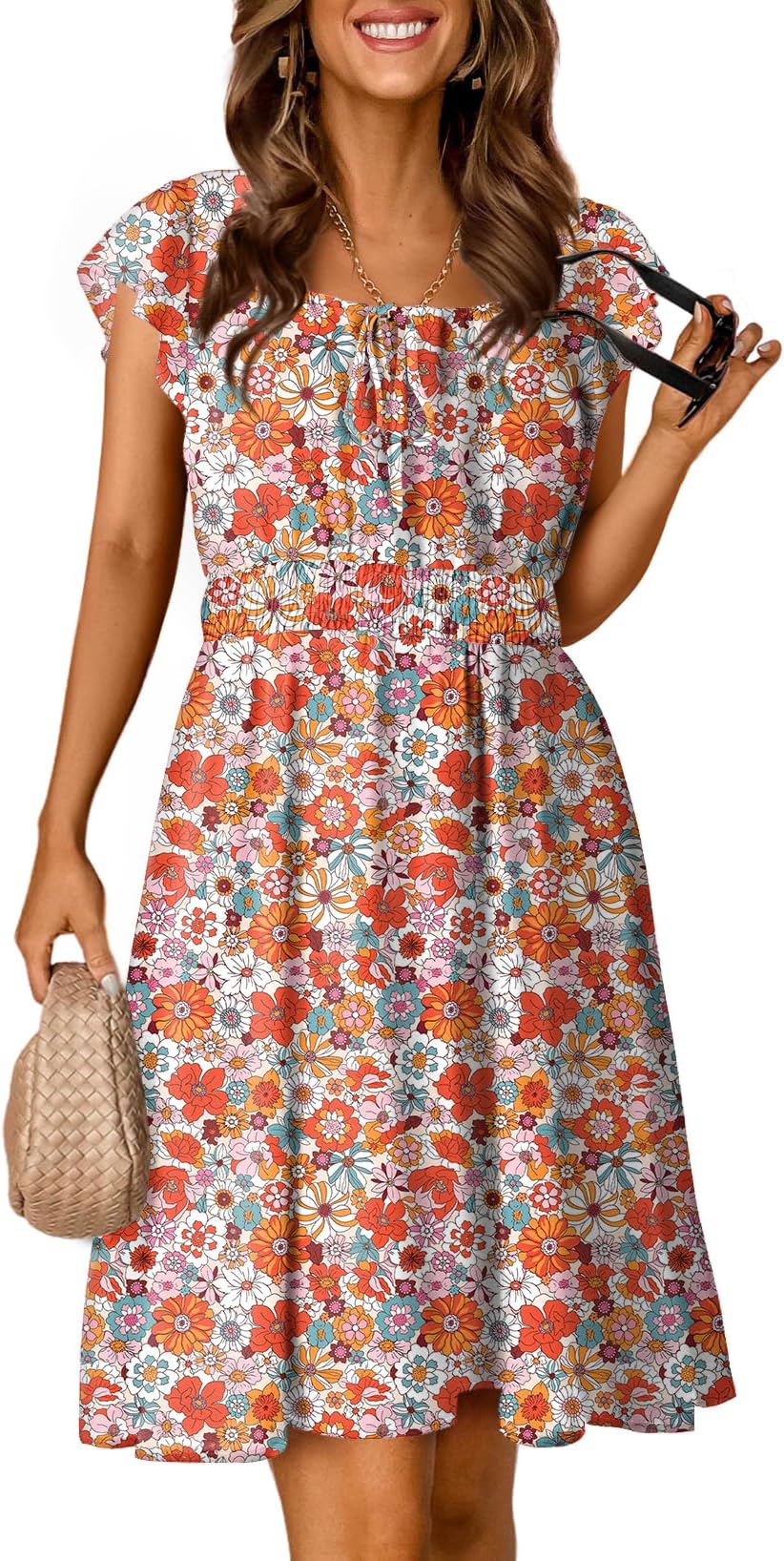 Dokotoo Womens Summer Dresses 2025 Boho Floral Ruffle Sleeve Smocked Elastic Waist Drawstring Tie Casual Mini Dress Sundress