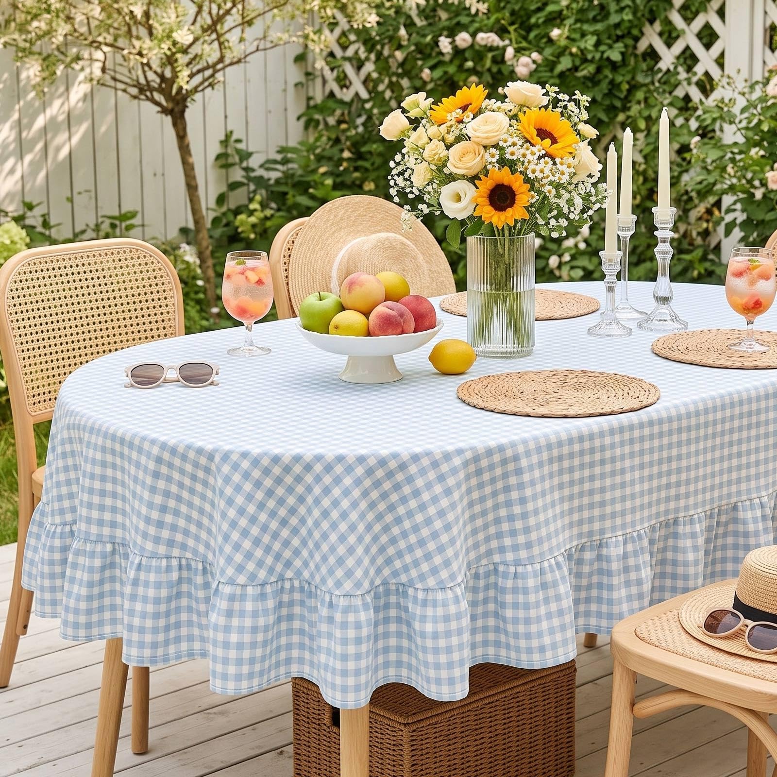 Mindsoft Sky Blue Gingham Ruffled Tablecloth, 60 x 84 Inches, Oval
