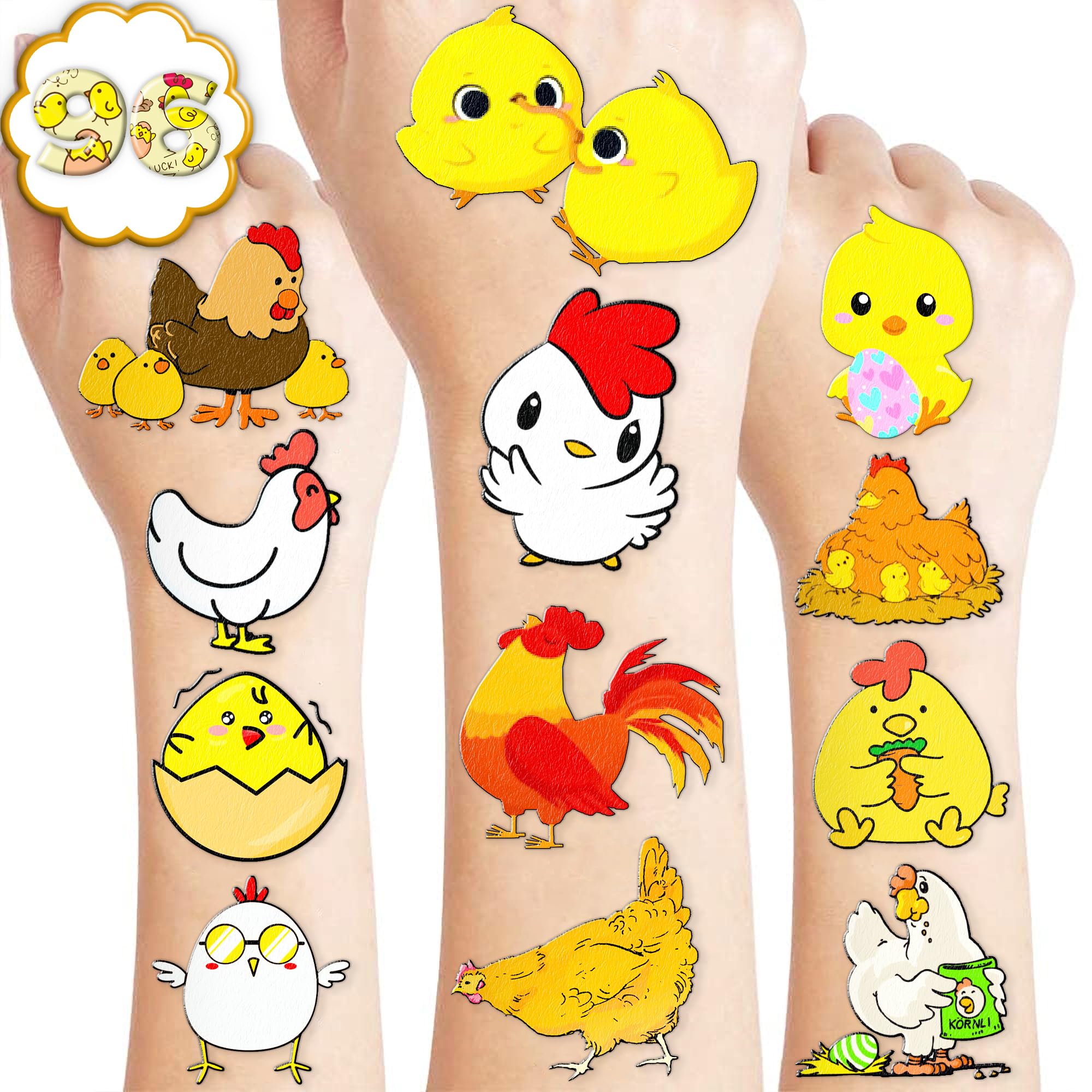 96 PCS Chicken Pre–Cut Temporary Tattoos Birthday Party Decorations Favors Supplies Yellow Chicken Farm Animals Decor Stickers For Girls Boys Gift School Prizes Rewards