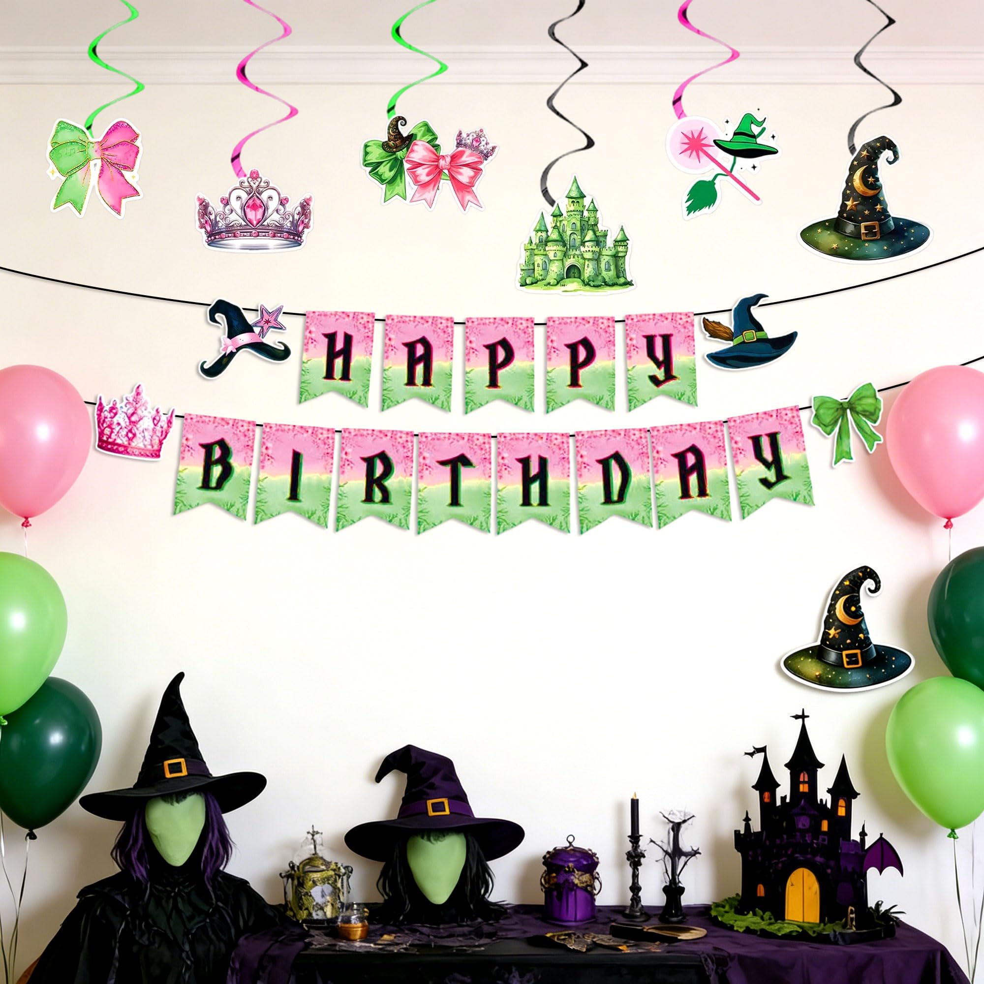 Pink and Green Birthday Party Decorations Banner Hanging Swirl Decor