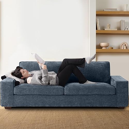 Vista 7 de EASELAND Sofá moderno de 89 pulgadas para sala de estar, sofá de felpilla con reposabrazos anchos, sofá con asientos profundos de 3 plazas con funda